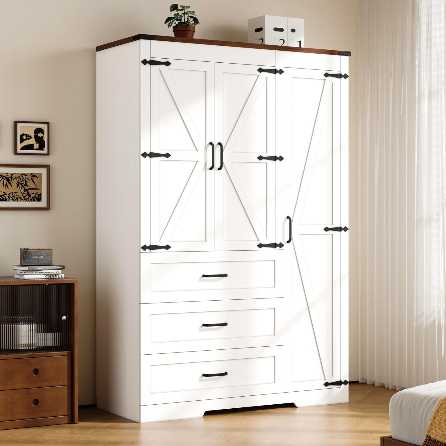 70" Farmhouse Tall Wardrobe Closet with 3 Doors & 3 Drawers, Armoire with Hanging Rod