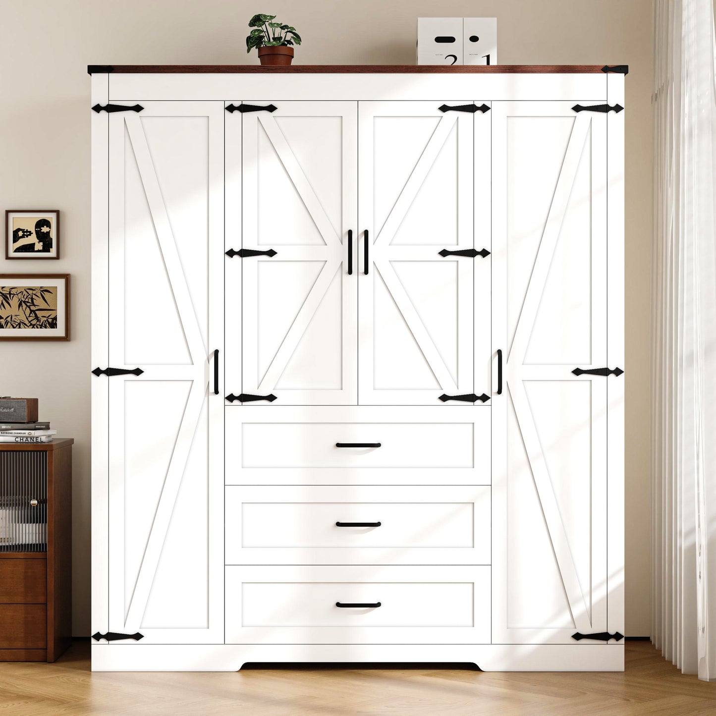 Farmhouse 4 Door Armoire Wardrobe with 3 Drawers and Drawers