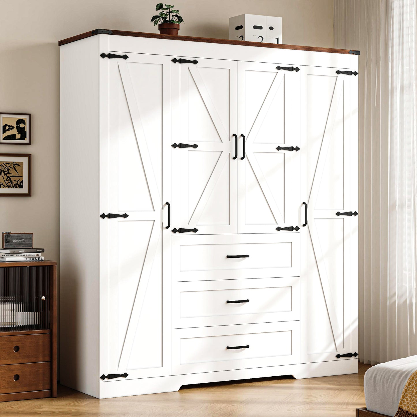 Farmhouse 4 Door Armoire Wardrobe with 3 Drawers and Drawers