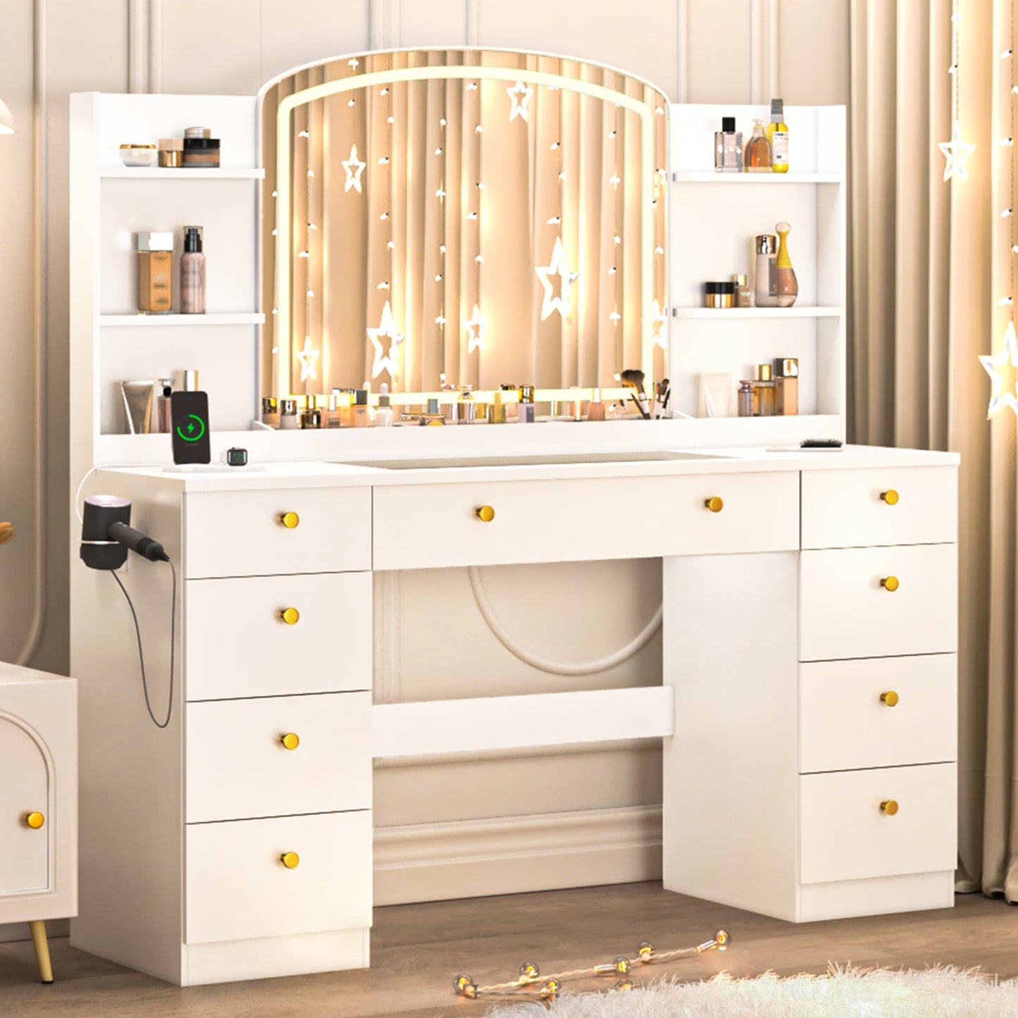 55’’ Glass Top LED Makeup Vanity with Mirror & 9 Drawers