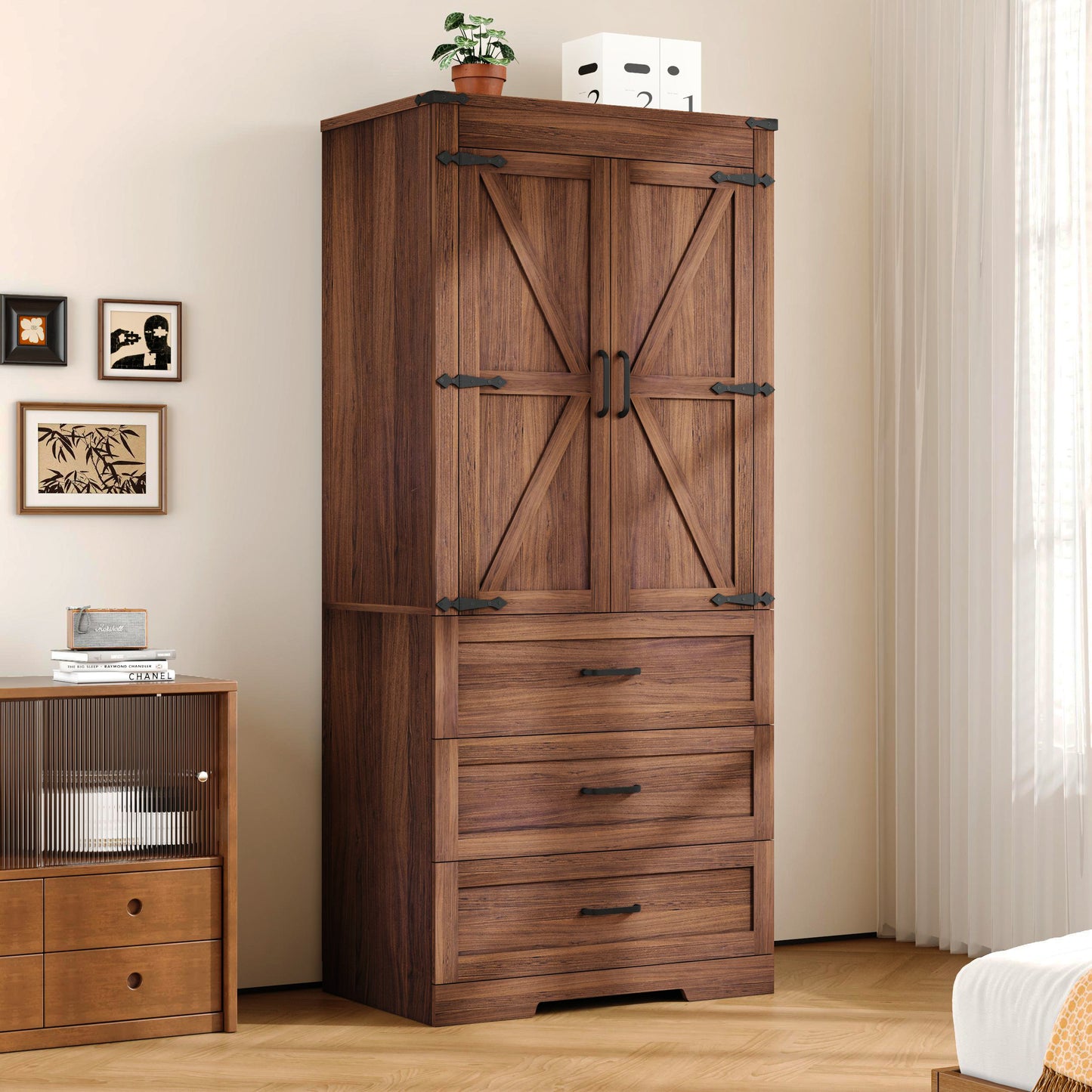 70" Farmhouse Tall Wardrobe Closet with 2 Doors & 3 Drawers, Armoire with Hanging Rod