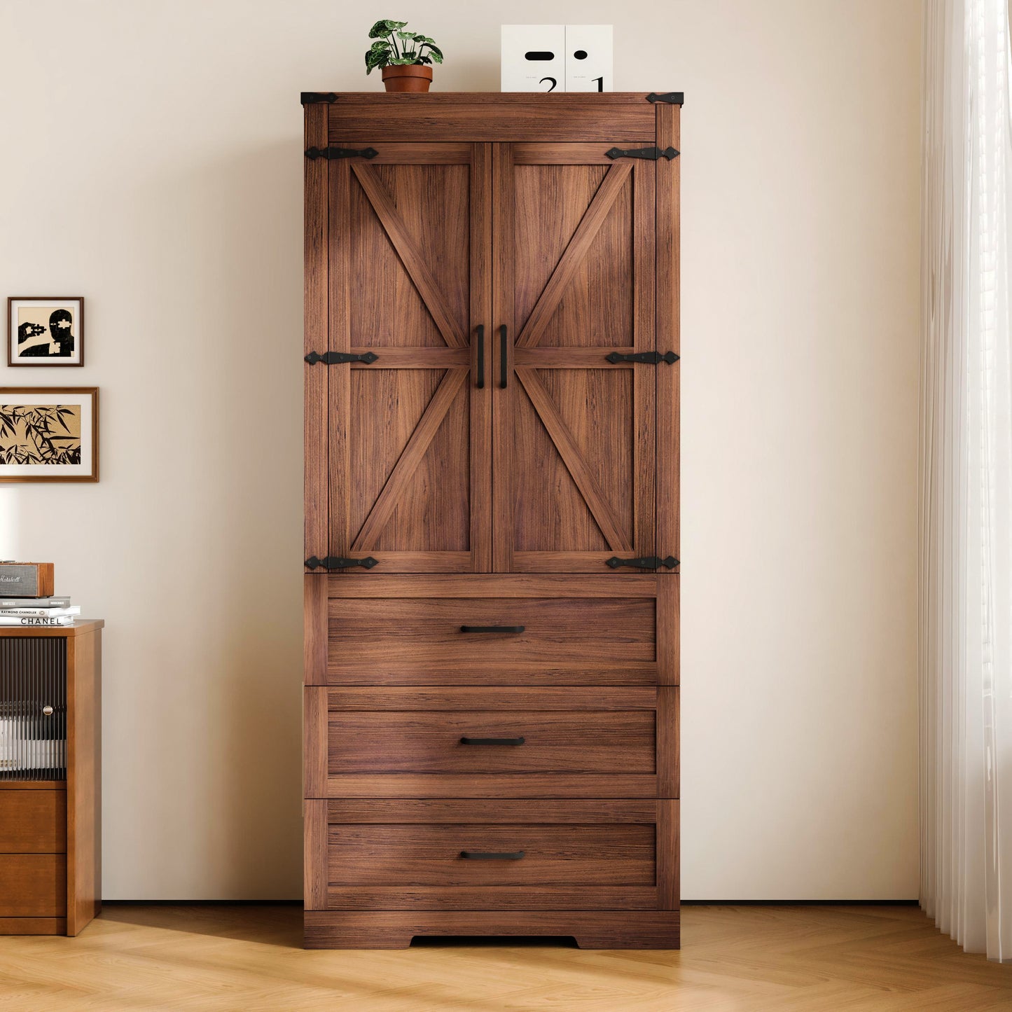 70" Farmhouse Tall Wardrobe Closet with 2 Doors & 3 Drawers, Armoire with Hanging Rod