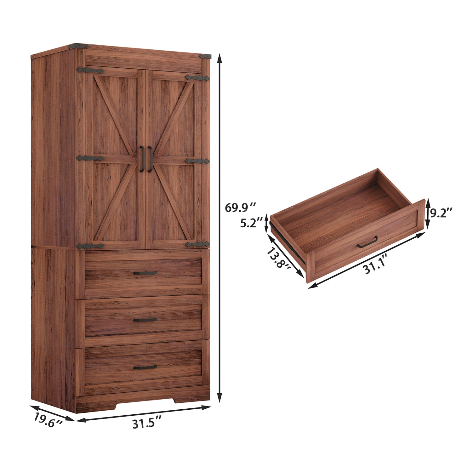 70" Farmhouse Tall Wardrobe Closet with 2 Doors & 3 Drawers, Armoire with Hanging Rod