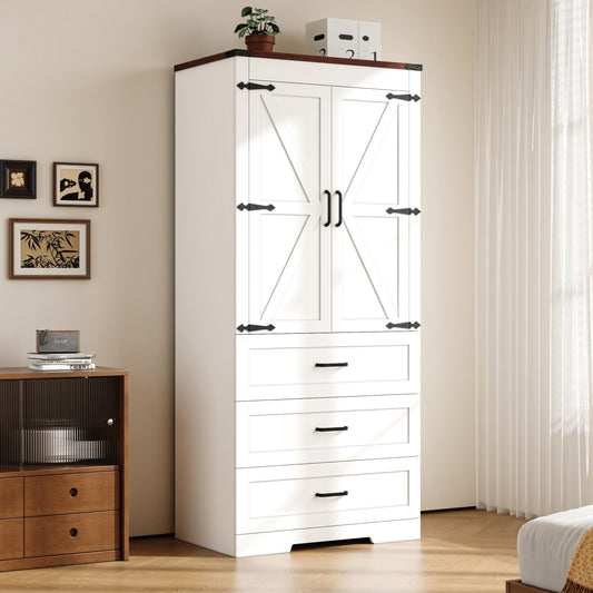 70" Farmhouse Tall Wardrobe Closet with 2 Doors & 3 Drawers, Armoire with Hanging Rod