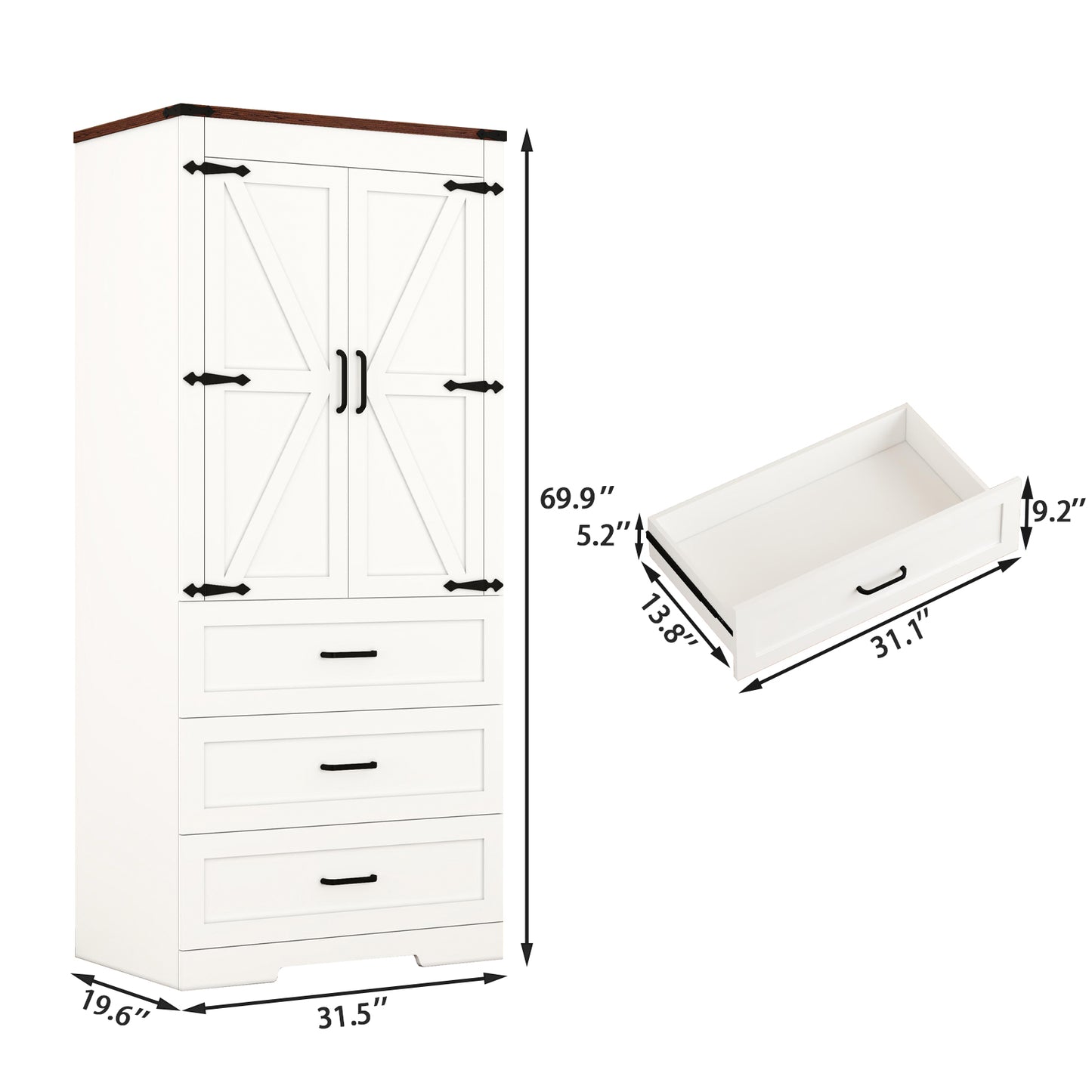 70" Farmhouse Tall Wardrobe Closet with 2 Doors & 3 Drawers, Armoire with Hanging Rod