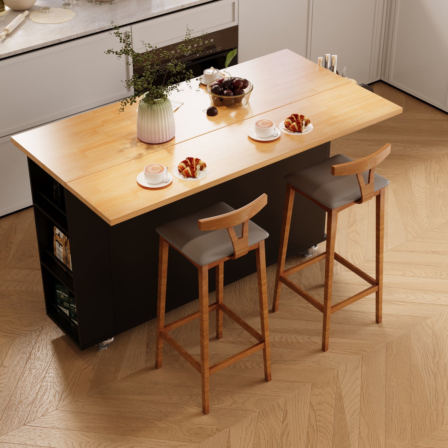 60'' Kitchen Island with Drop Leaf and Tilt Out Trash Can Cabinet