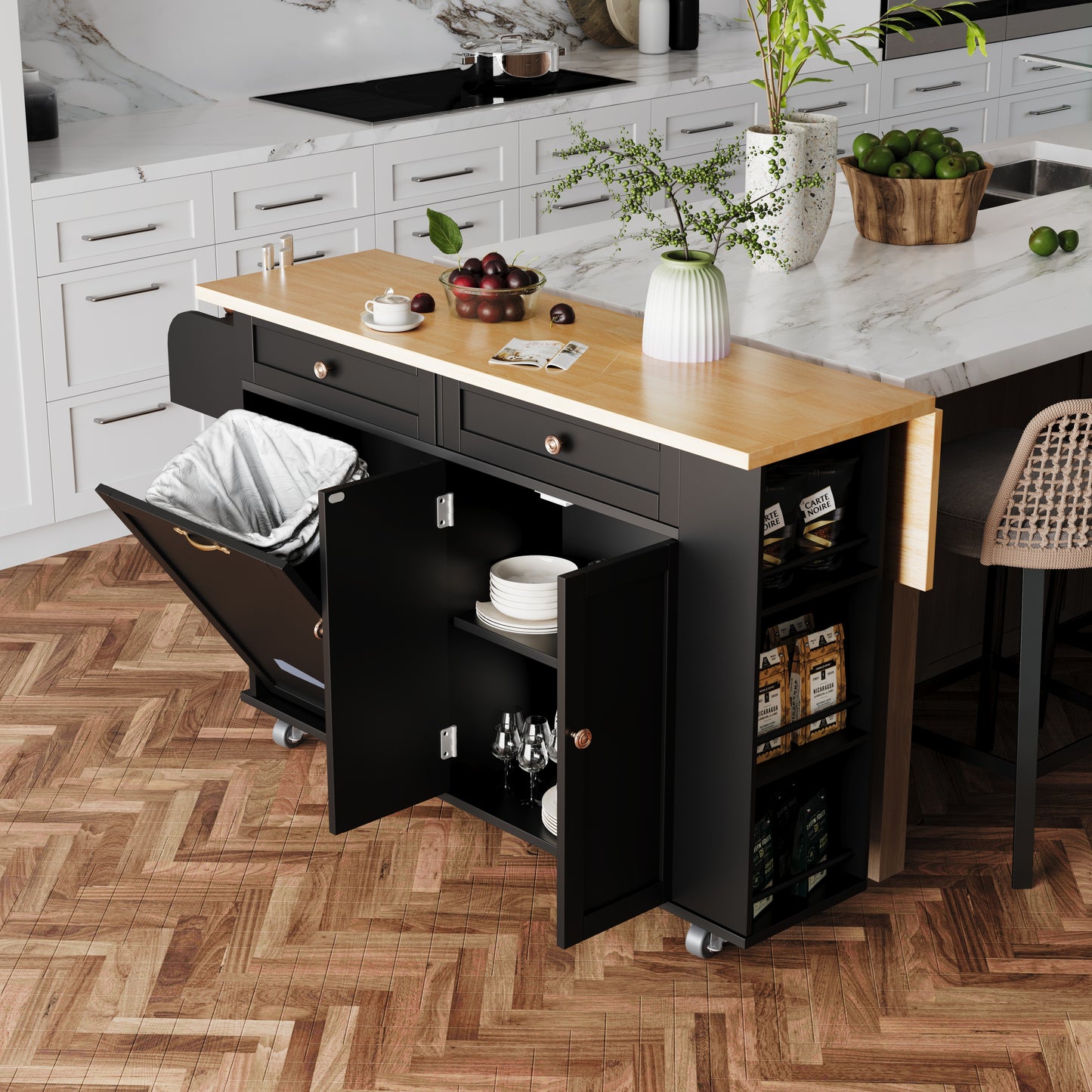 60'' Kitchen Island with Drop Leaf and Tilt Out Trash Can Cabinet