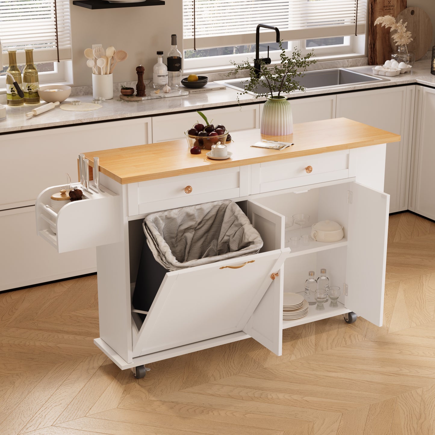 60'' Kitchen Island with Drop Leaf and Tilt Out Trash Can Cabinet
