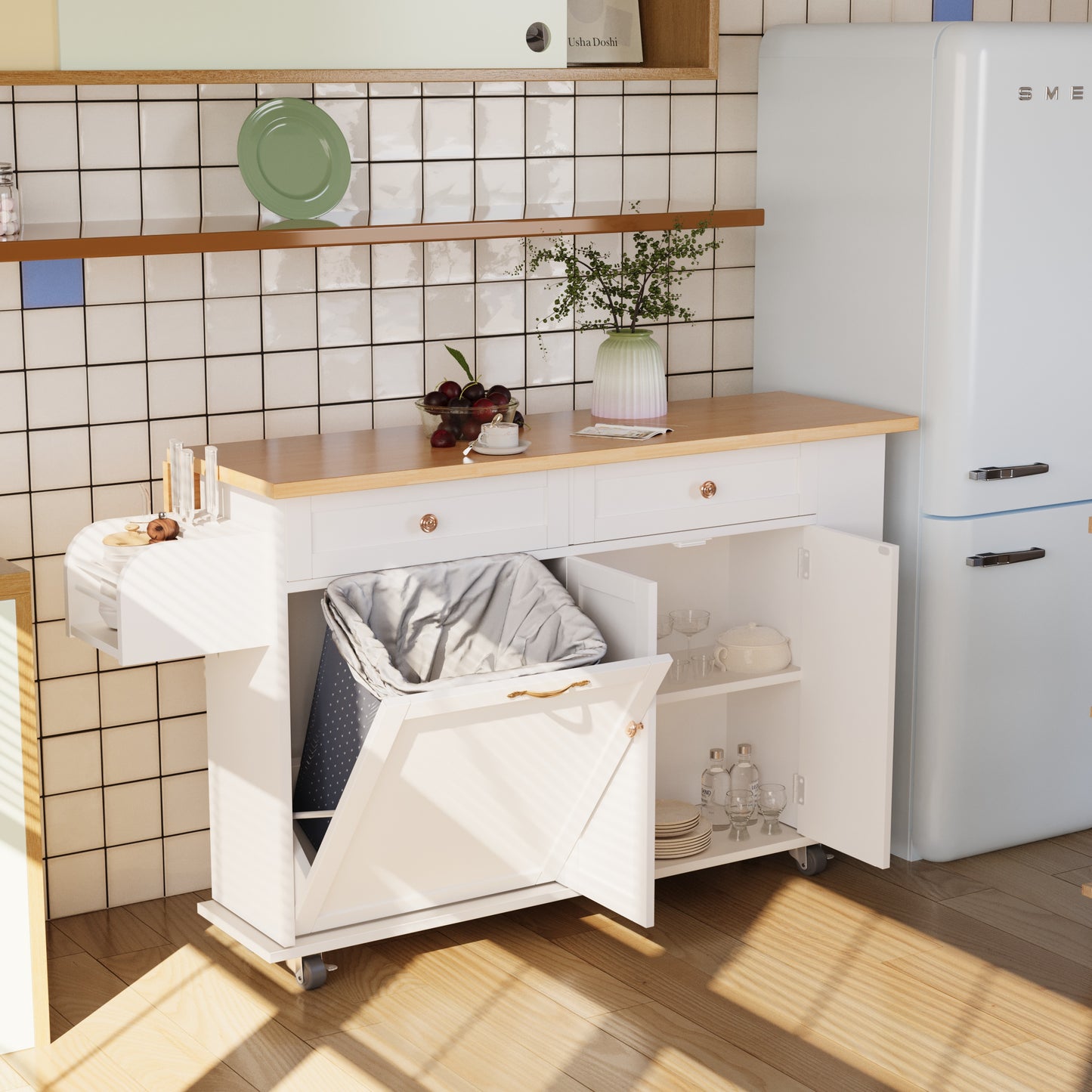 60'' Kitchen Island with Drop Leaf and Tilt Out Trash Can Cabinet