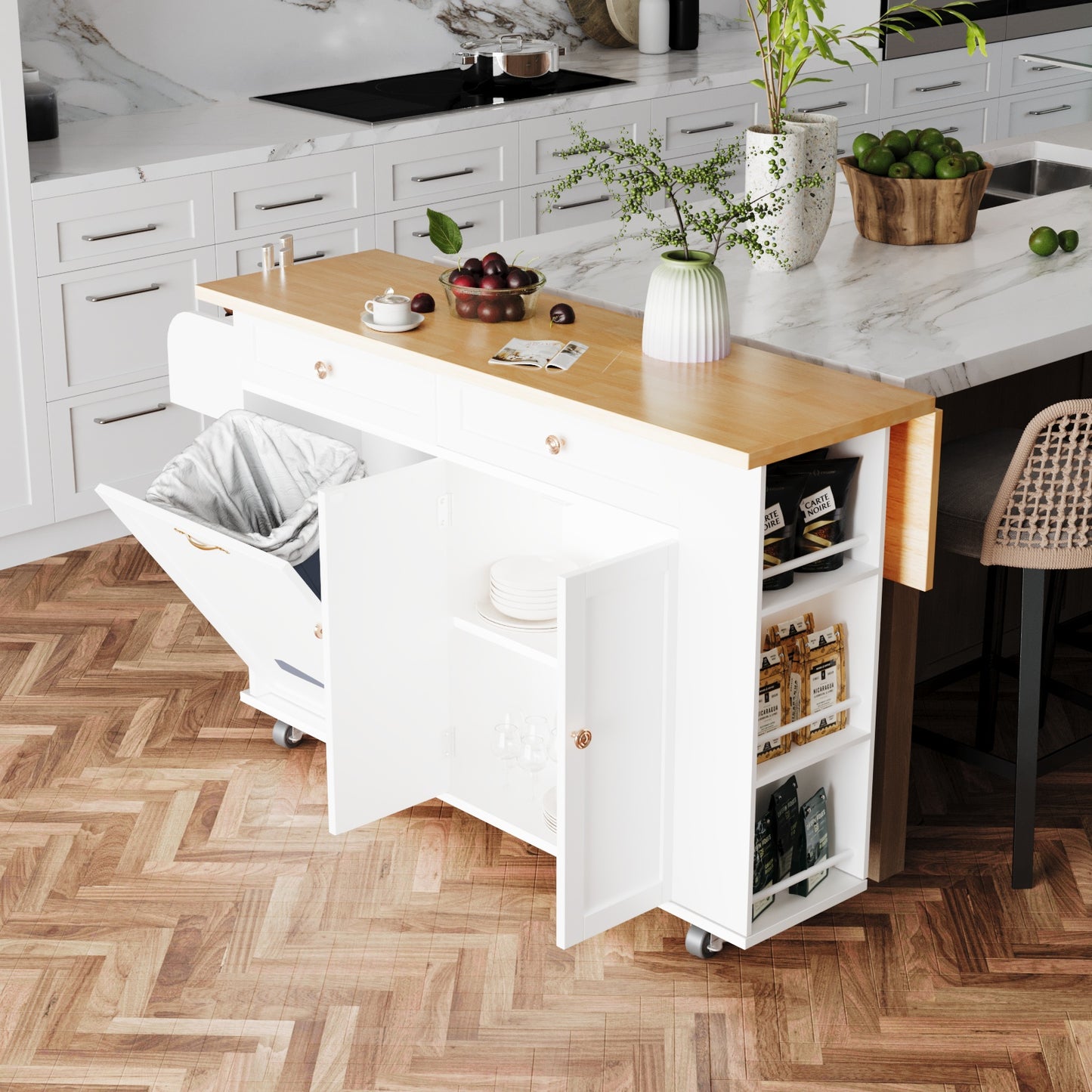 60'' Kitchen Island with Drop Leaf and Tilt Out Trash Can Cabinet