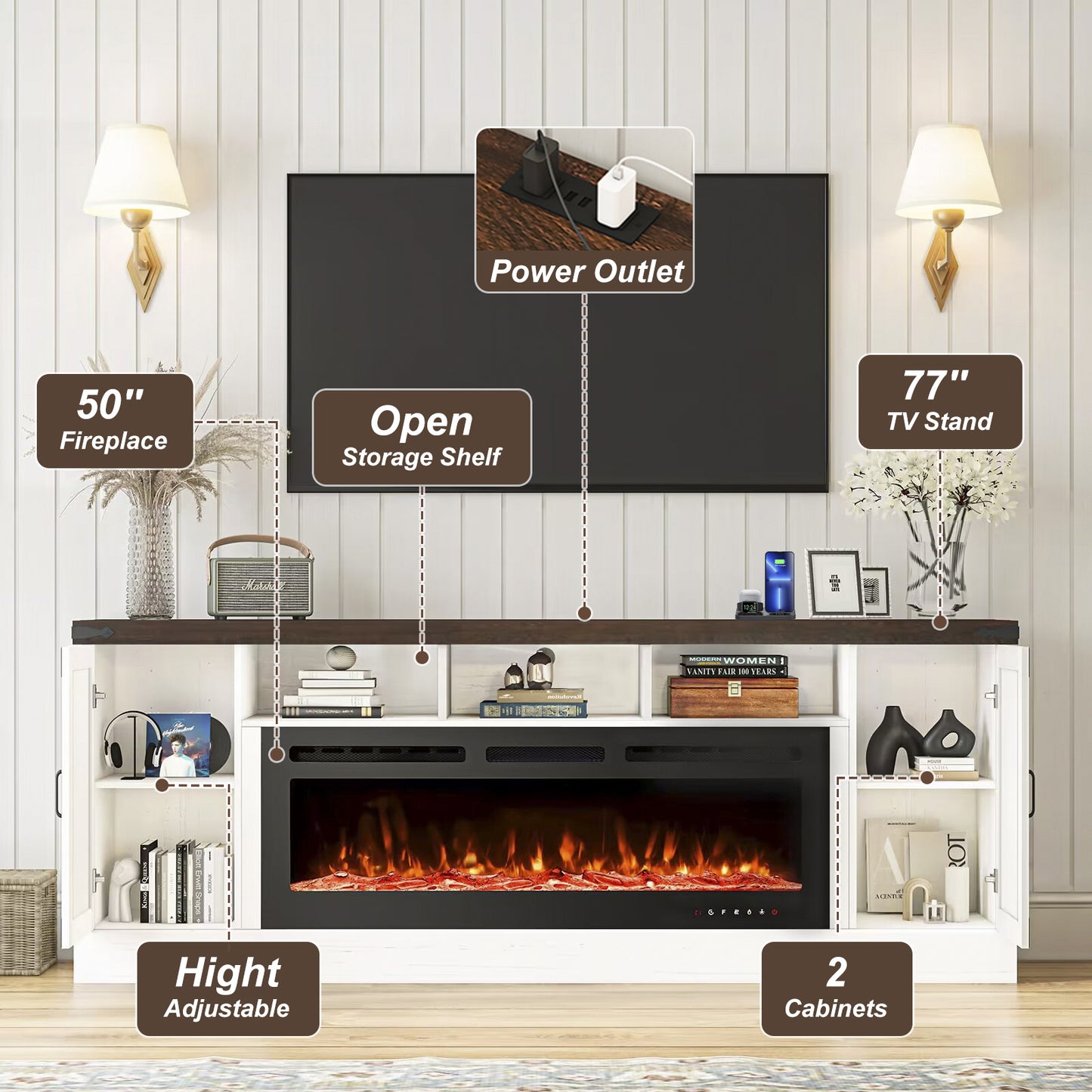 77 inch Fireplace TV Stand for 85 Inch TVs with 50’’ Electric Fireplace