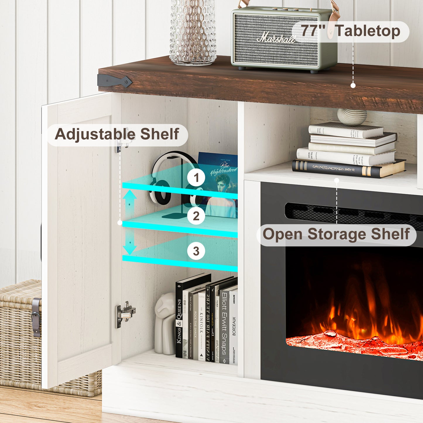 77 inch Fireplace TV Stand for 85 Inch TVs with 50’’ Electric Fireplace