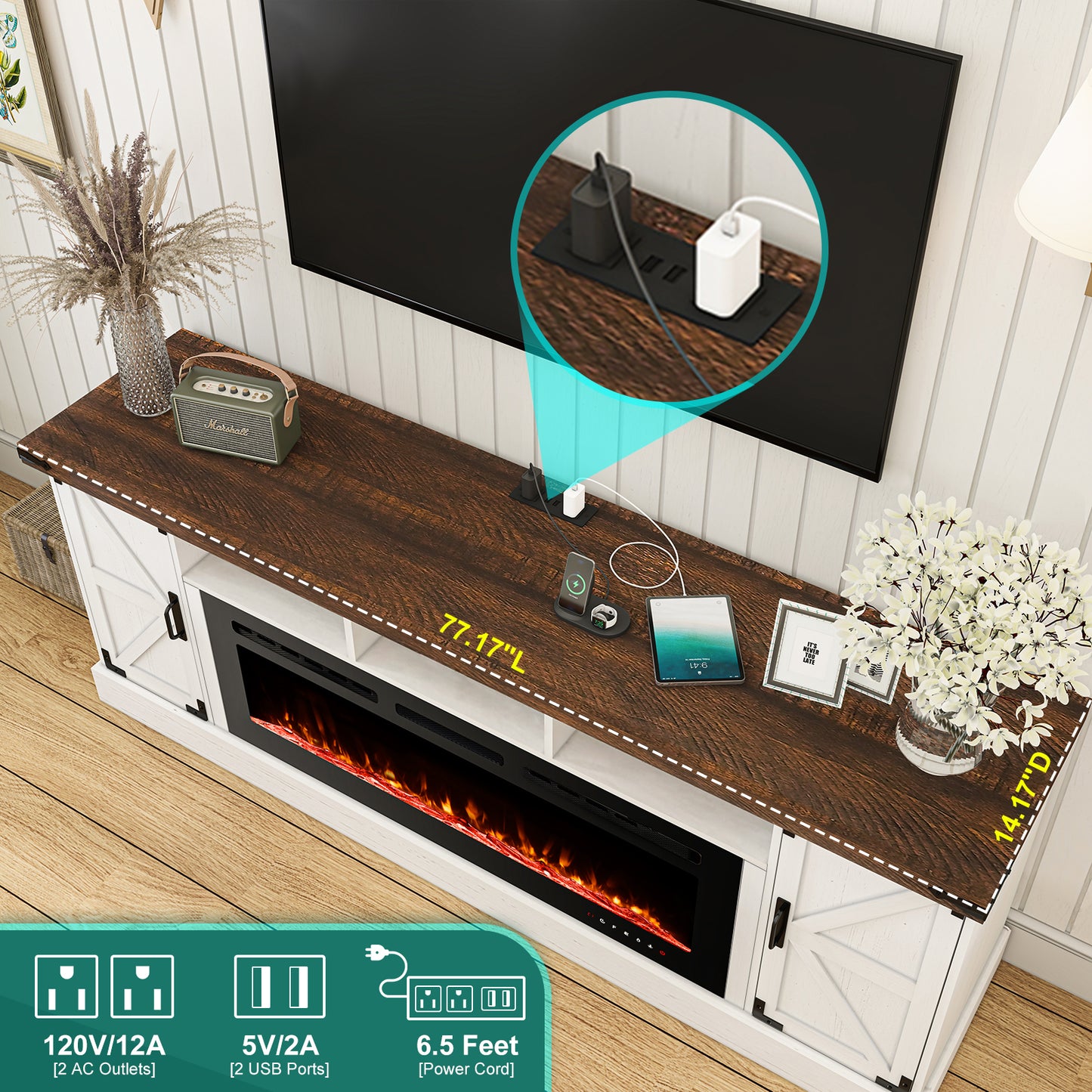 77 inch Fireplace TV Stand for 85 Inch TVs with 50’’ Electric Fireplace