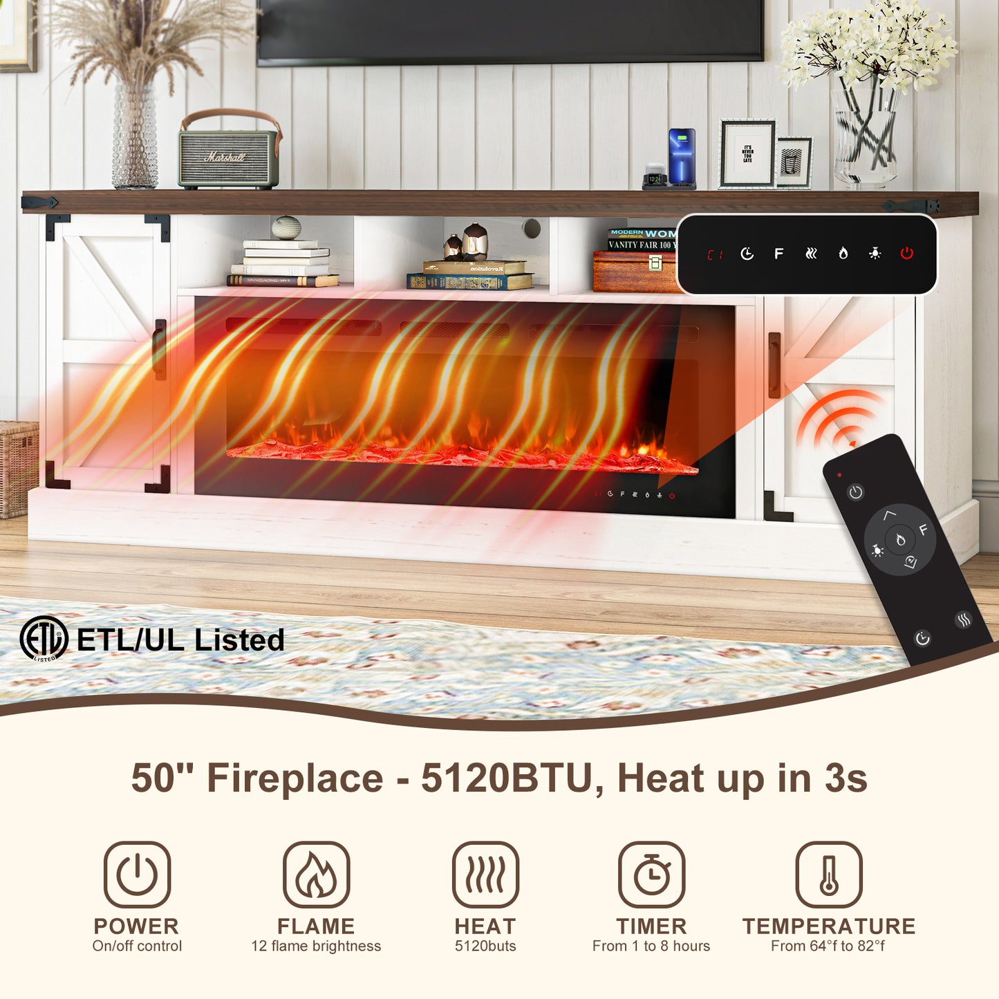 77 inch Fireplace TV Stand for 85 Inch TVs with 50’’ Electric Fireplace