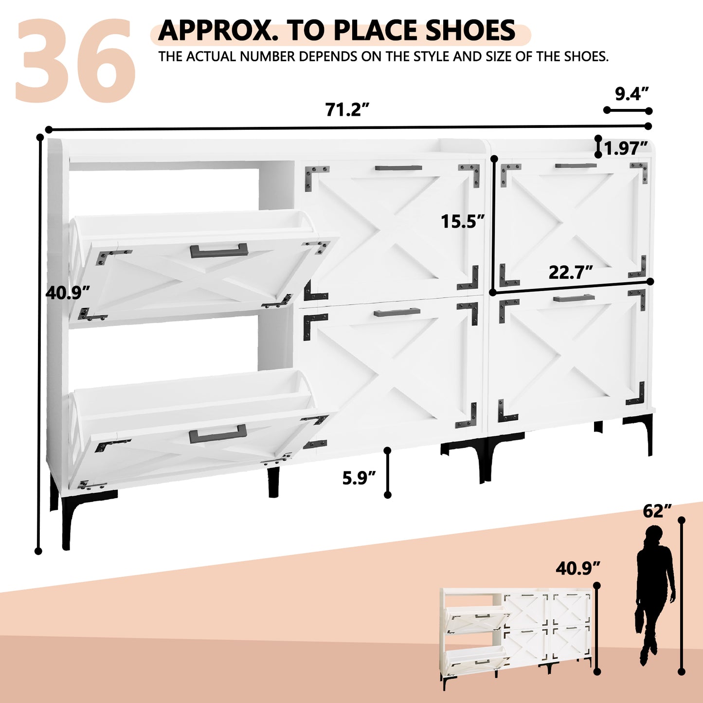 70 Inch Width Farmhouse Shoe Storage Cabinet with 6 Flip Drawers
