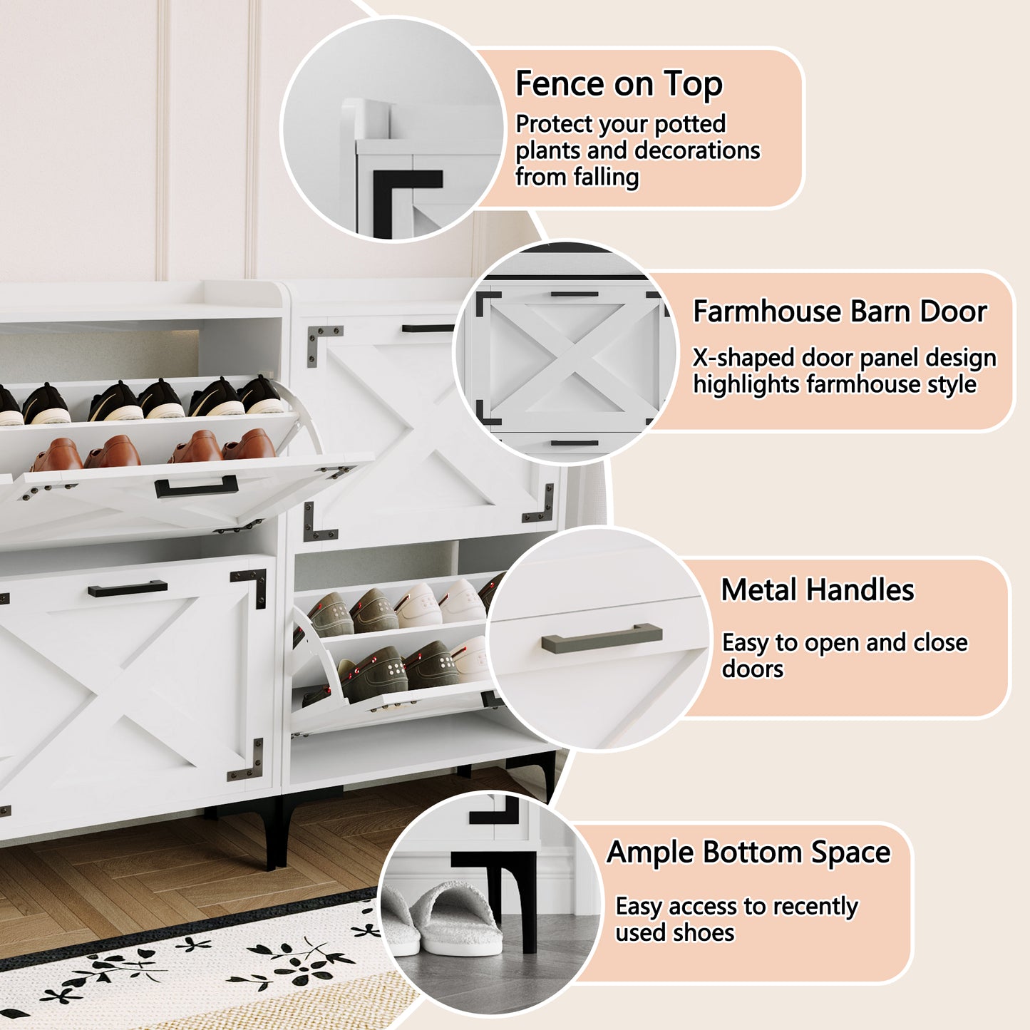 70 Inch Width Farmhouse Shoe Storage Cabinet with 6 Flip Drawers