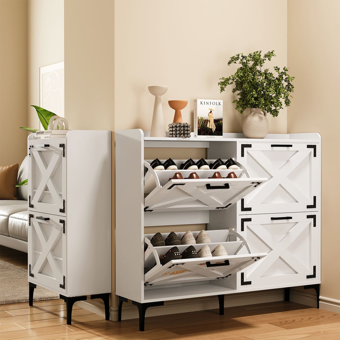 70 Inch Width Farmhouse Shoe Storage Cabinet with 6 Flip Drawers