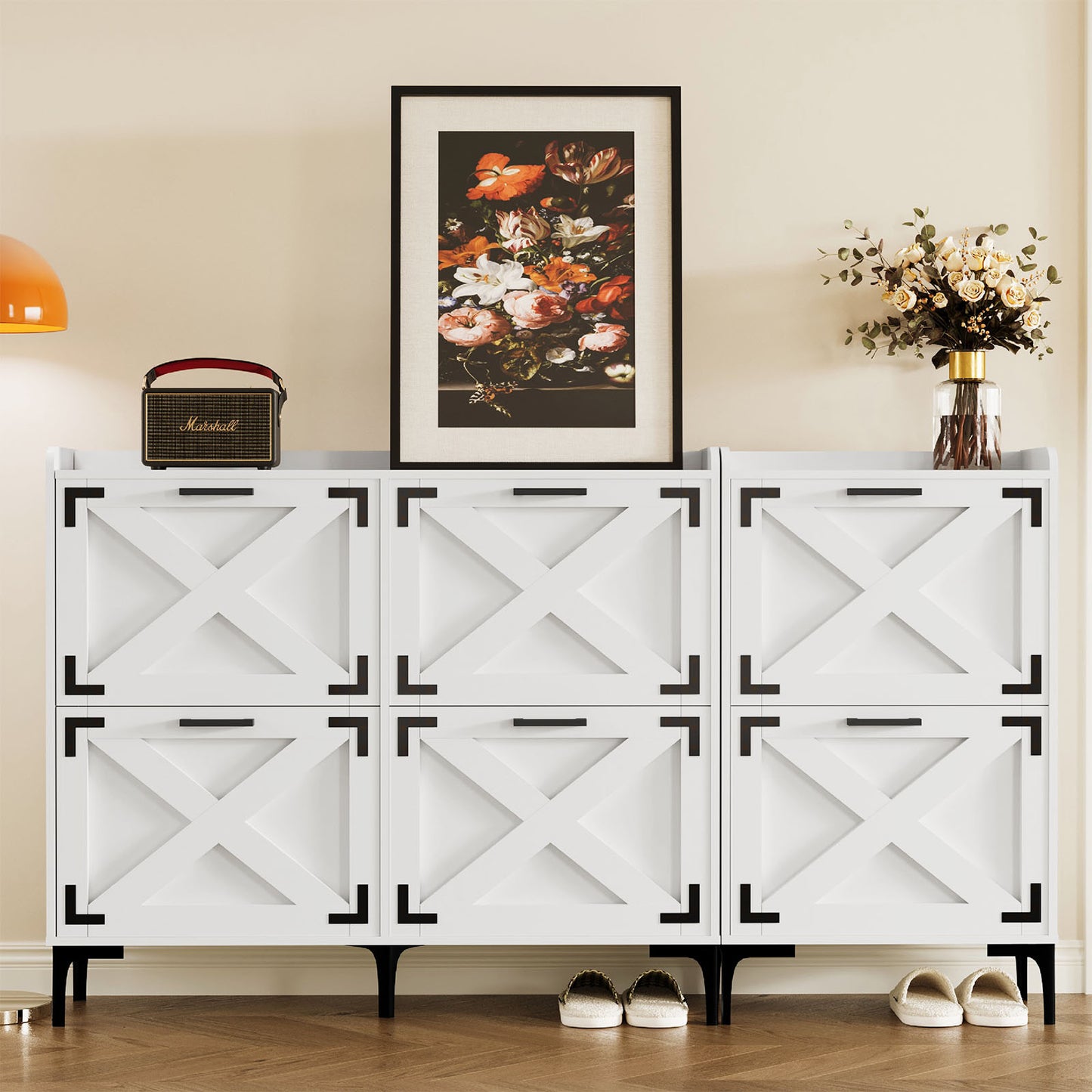 70 Inch Width Farmhouse Shoe Storage Cabinet with 6 Flip Drawers