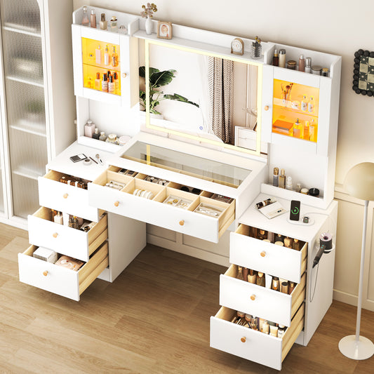 63” Large Makeup Vanity Desk with Mirror, Glass Top and 7 Drawers