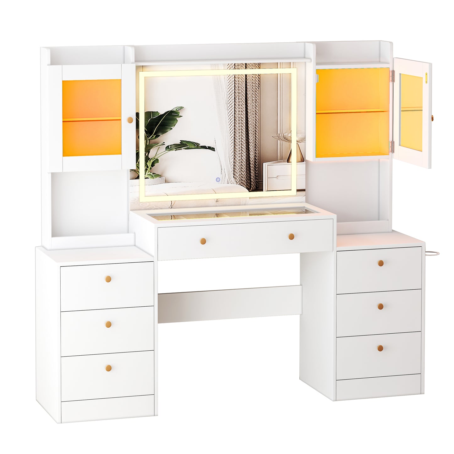 63” Large Makeup Vanity Desk with Mirror, Glass Top and 7 Drawers