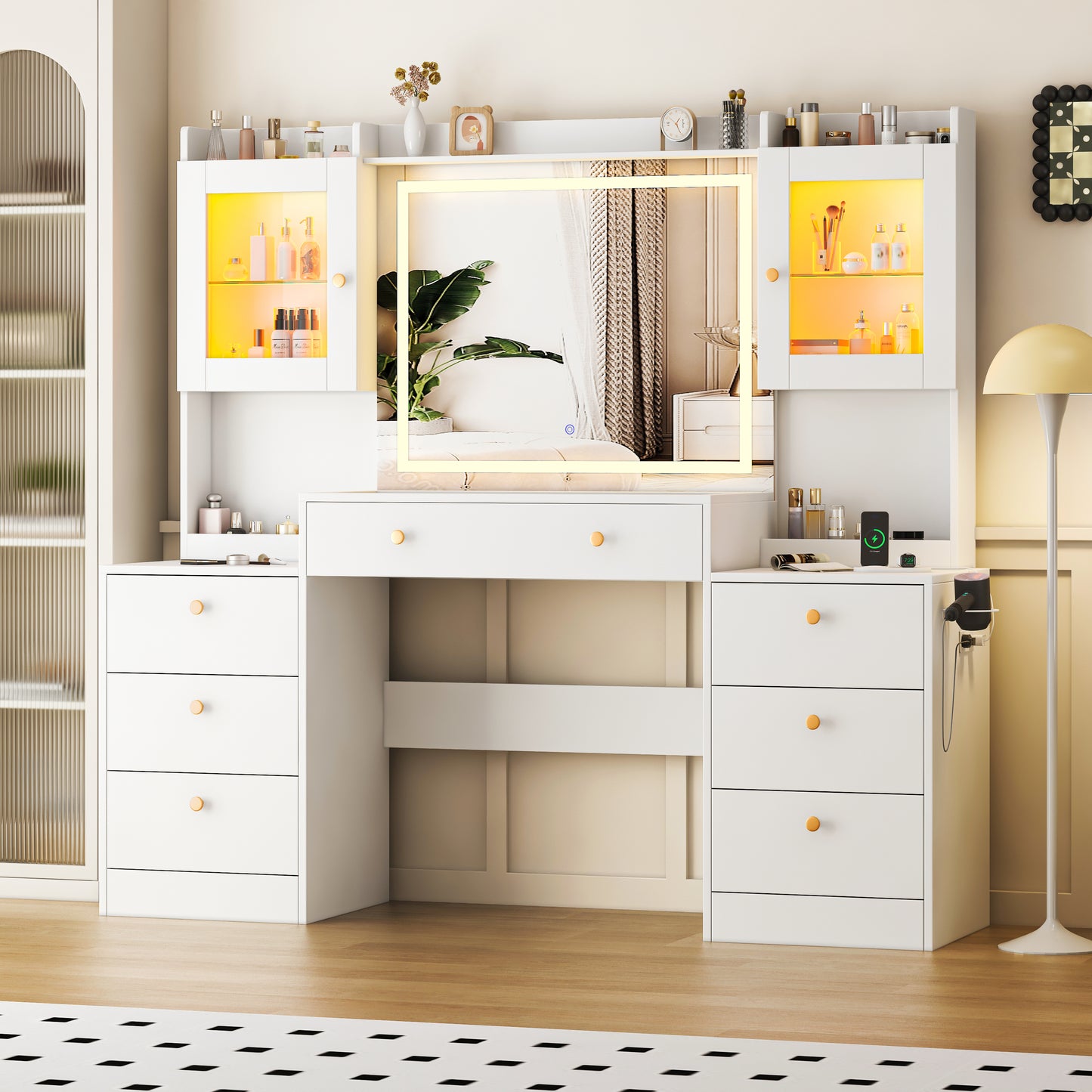 63” Large Makeup Vanity Desk with Mirror, Glass Top and 7 Drawers