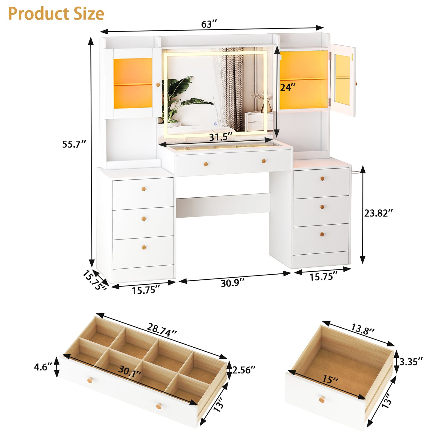 63” Large Makeup Vanity Desk with Mirror, Glass Top and 7 Drawers