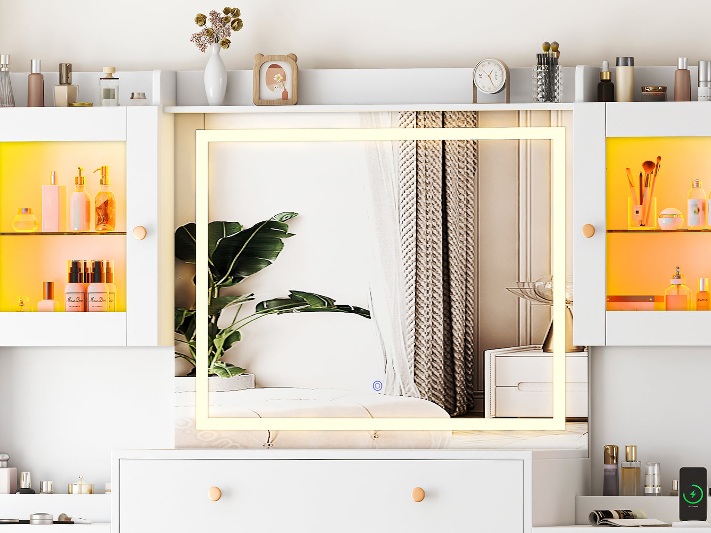 63” Large Makeup Vanity Desk with Mirror, Glass Top and 7 Drawers