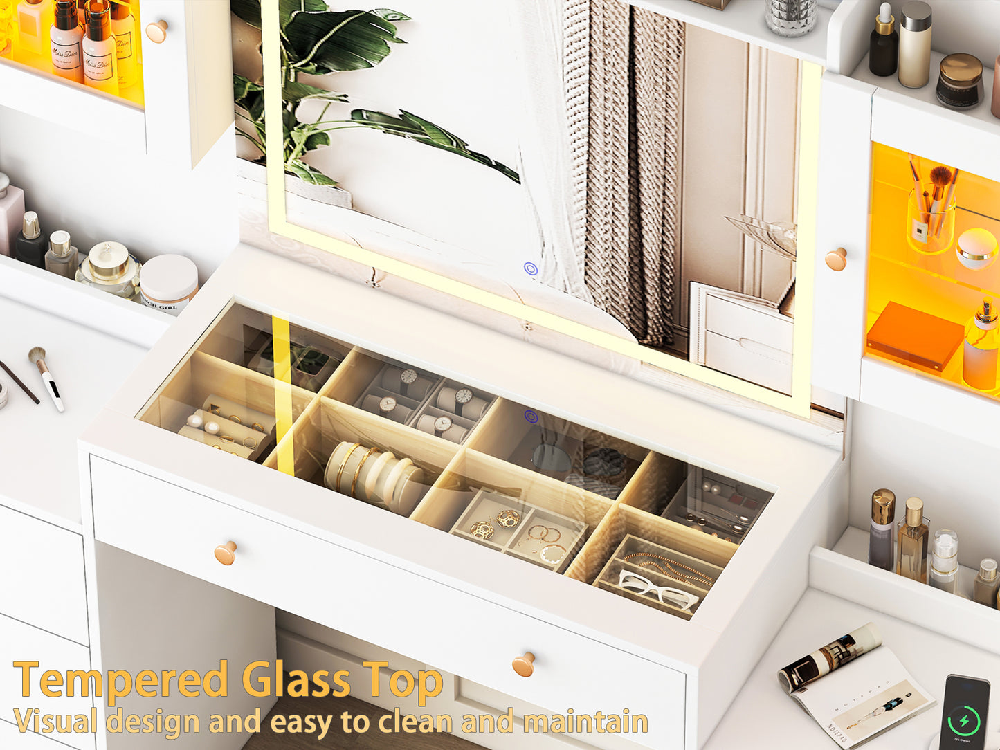 63” Large Makeup Vanity Desk with Mirror, Glass Top and 7 Drawers