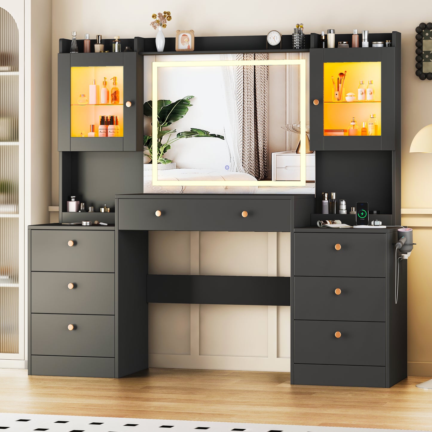 63” Large Makeup Vanity Desk with Mirror, Glass Top and 7 Drawers