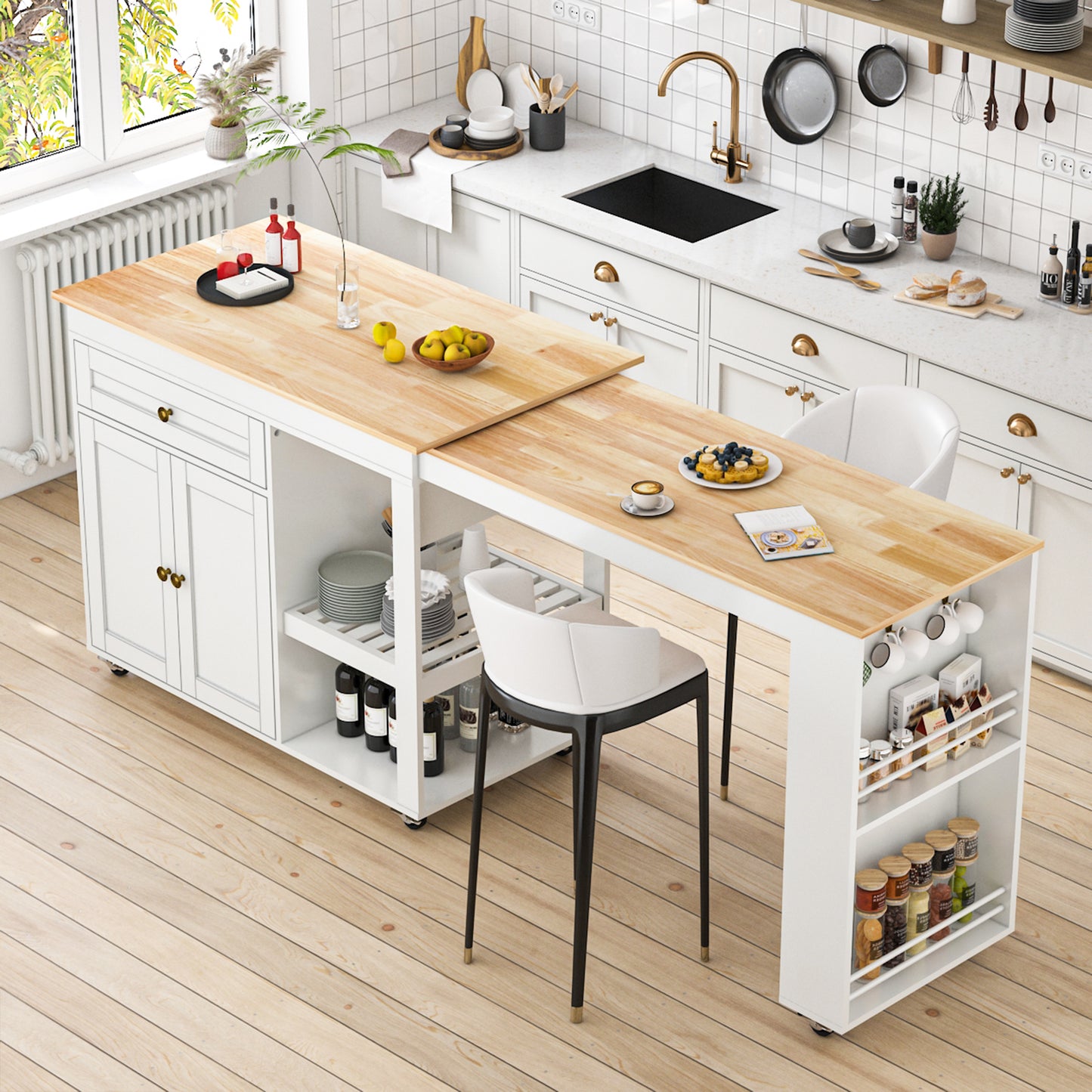 81.5" Kitchen Island with Extendable Dining Table on Wheels for Dining Room