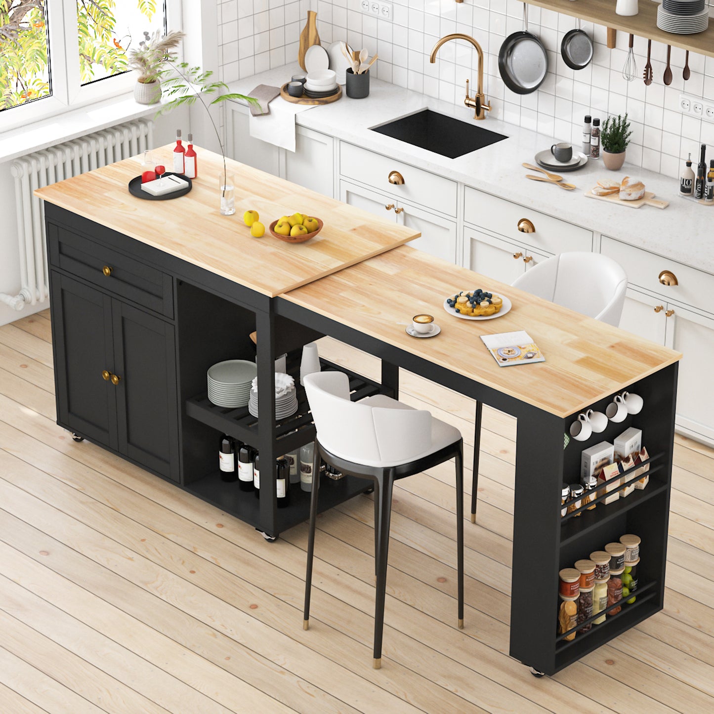 81.5" Kitchen Island with Extendable Dining Table on Wheels for Dining Room