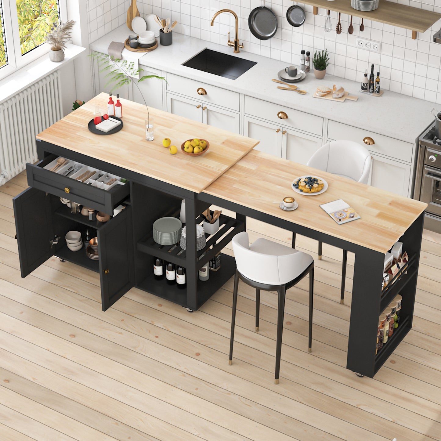 81.5" Kitchen Island with Extendable Dining Table on Wheels for Dining Room