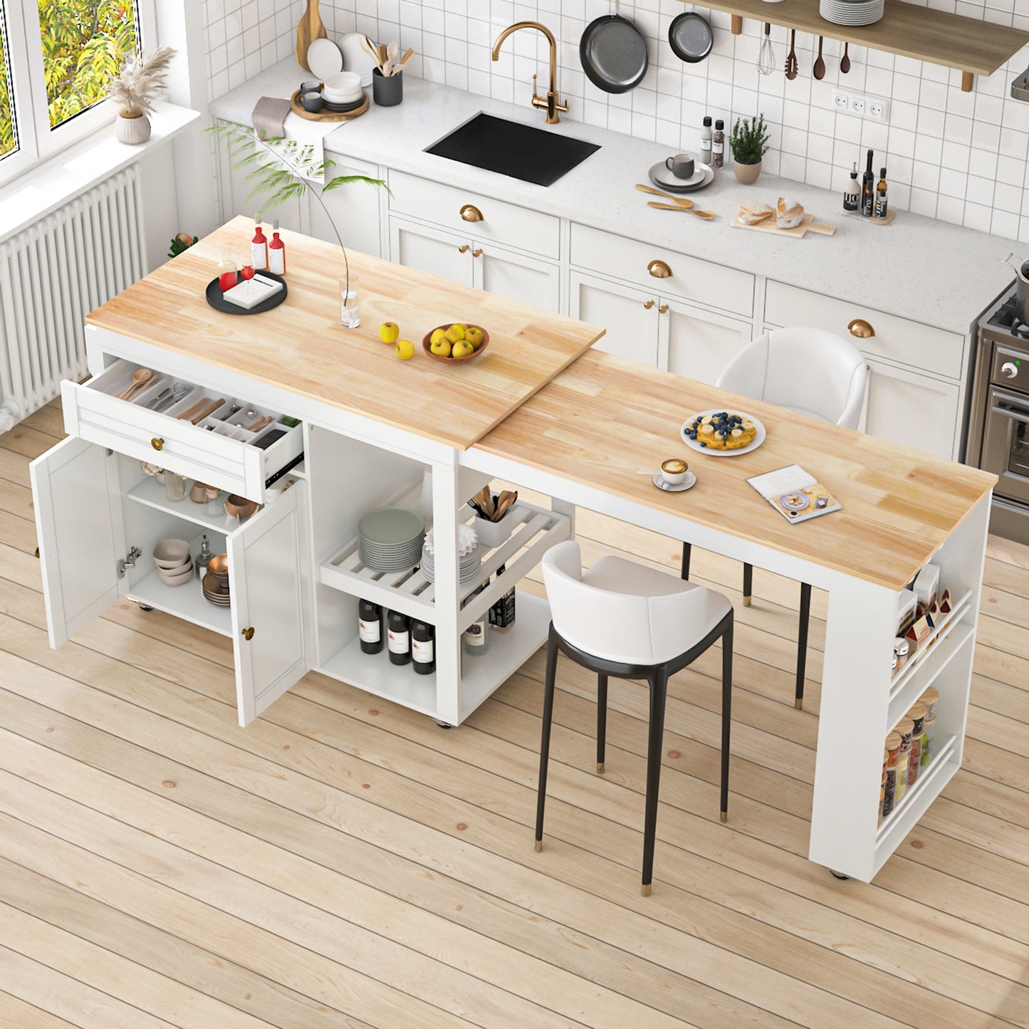 81.5" Kitchen Island with Extendable Dining Table on Wheels for Dining Room