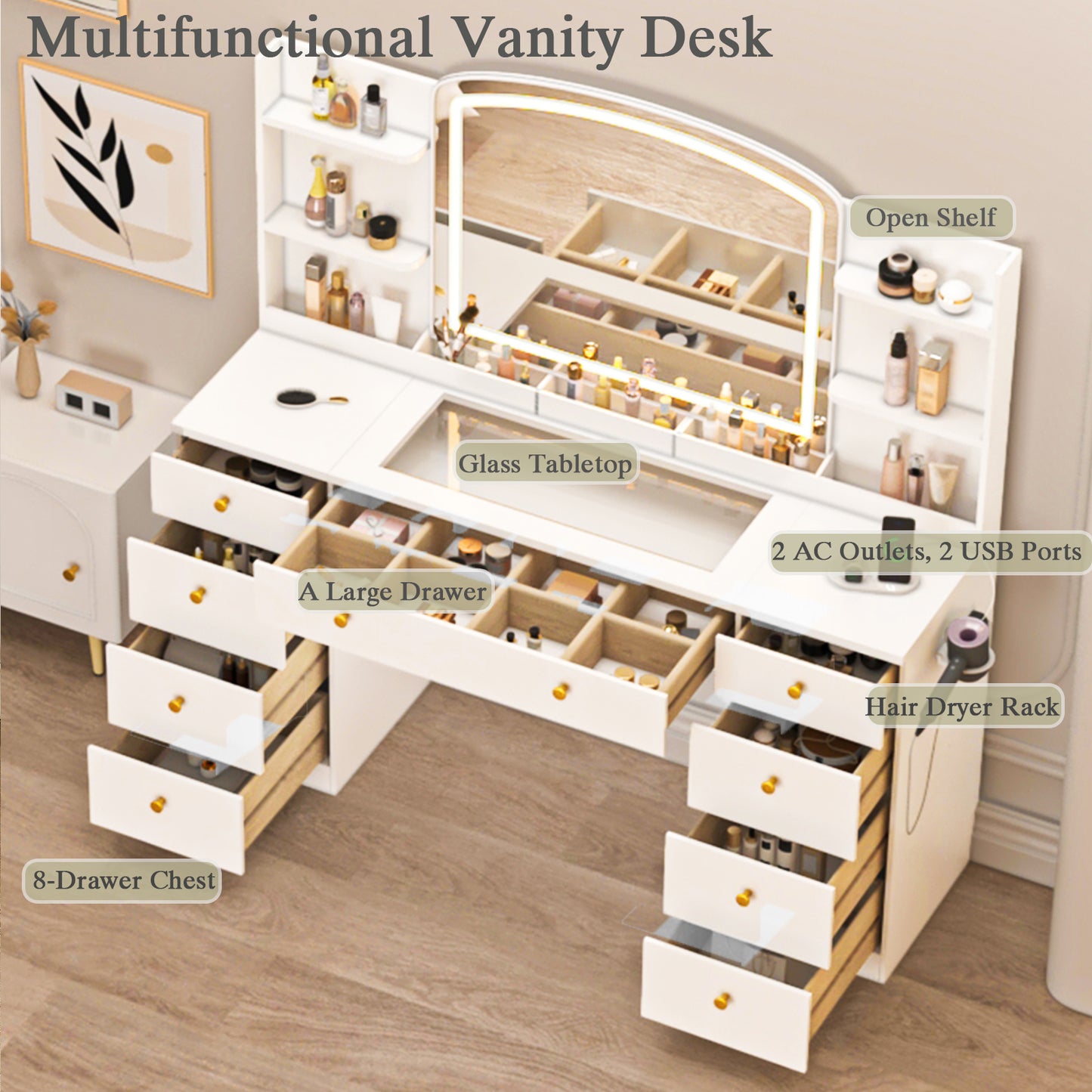 55’’ Glass Top LED Makeup Vanity with Mirror & 9 Drawers