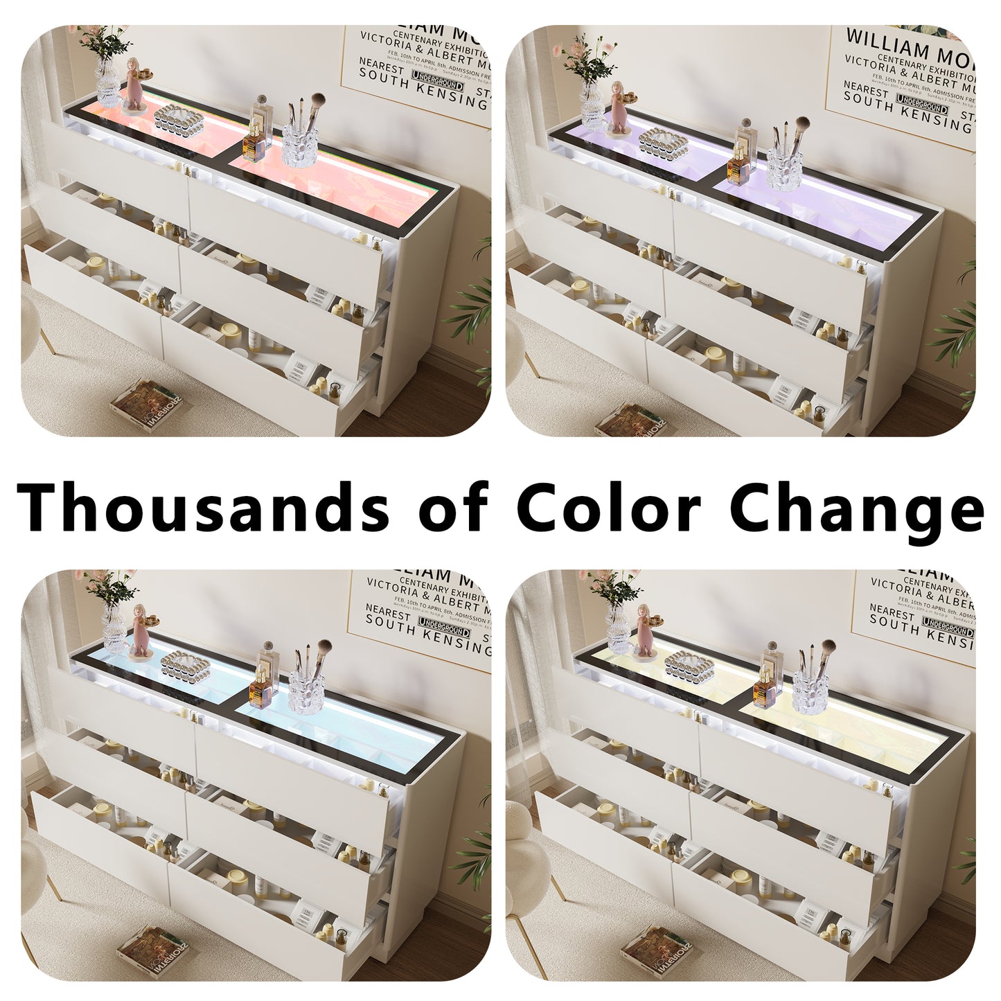 55 Inch 6 Drawers Dresser with Glass Top, Wood Drawer Dressers with LED Lights