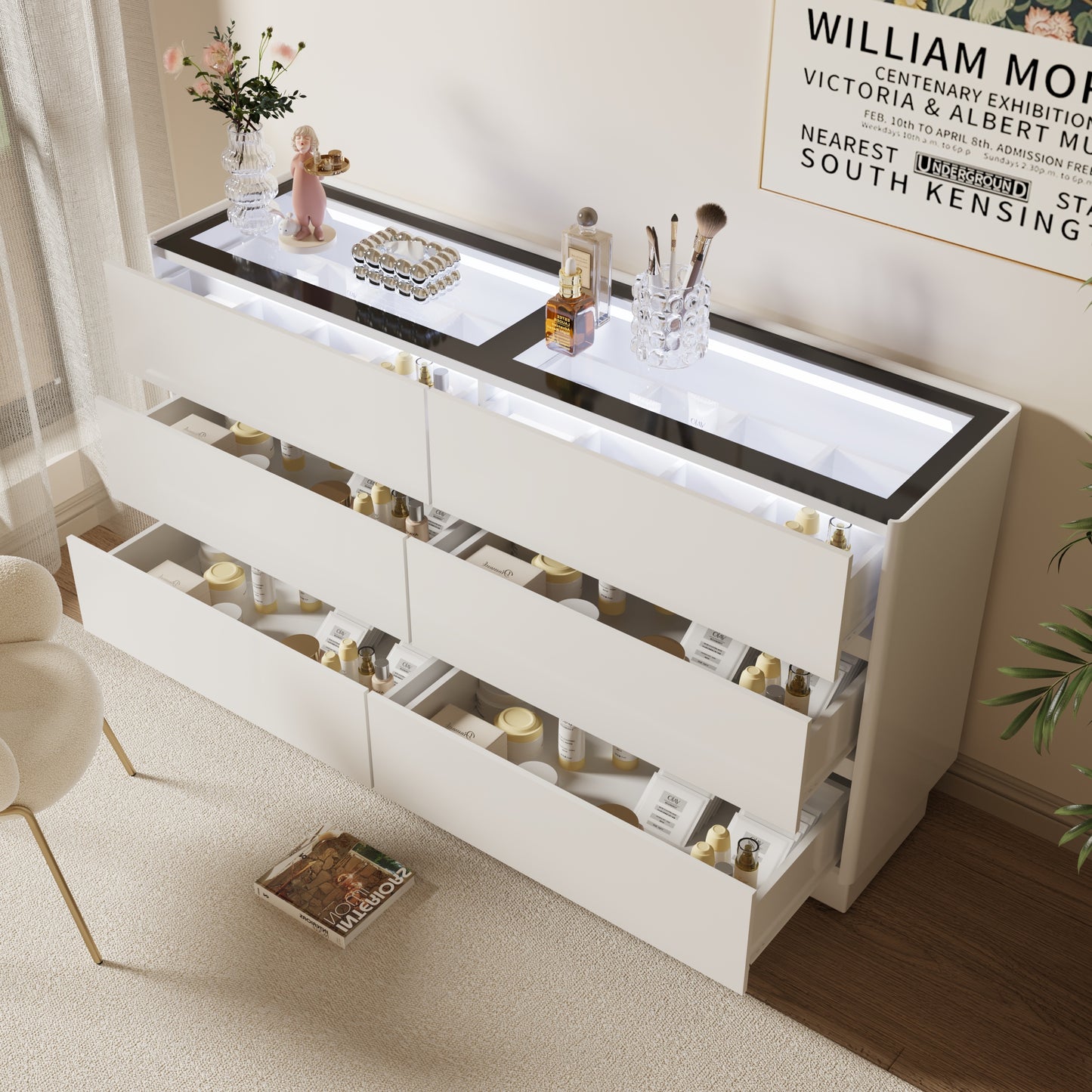 55 Inch 6 Drawers Dresser with Glass Top, Wood Drawer Dressers with LED Lights