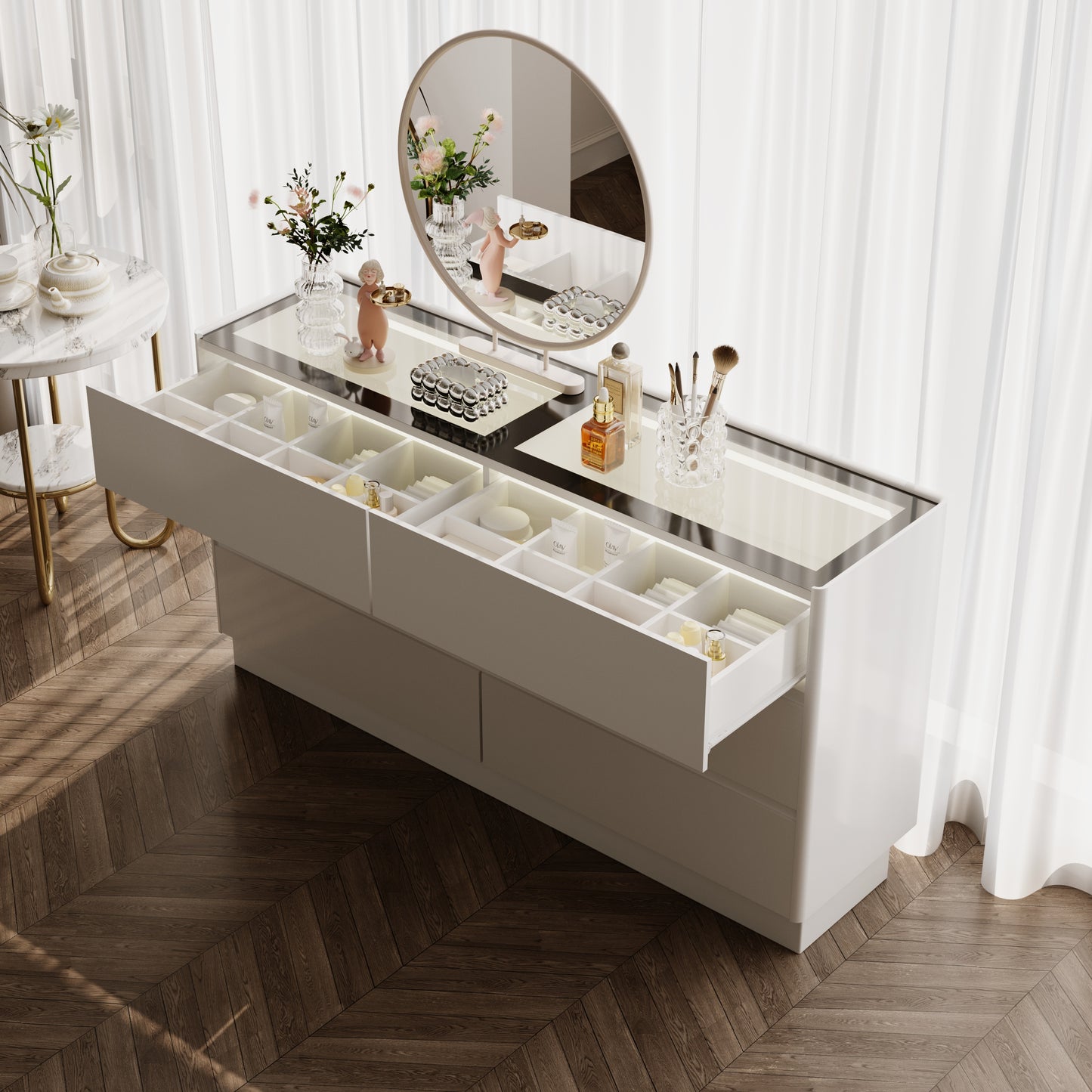 55 Inch 6 Drawers Dresser with Glass Top, Wood Drawer Dressers with LED Lights