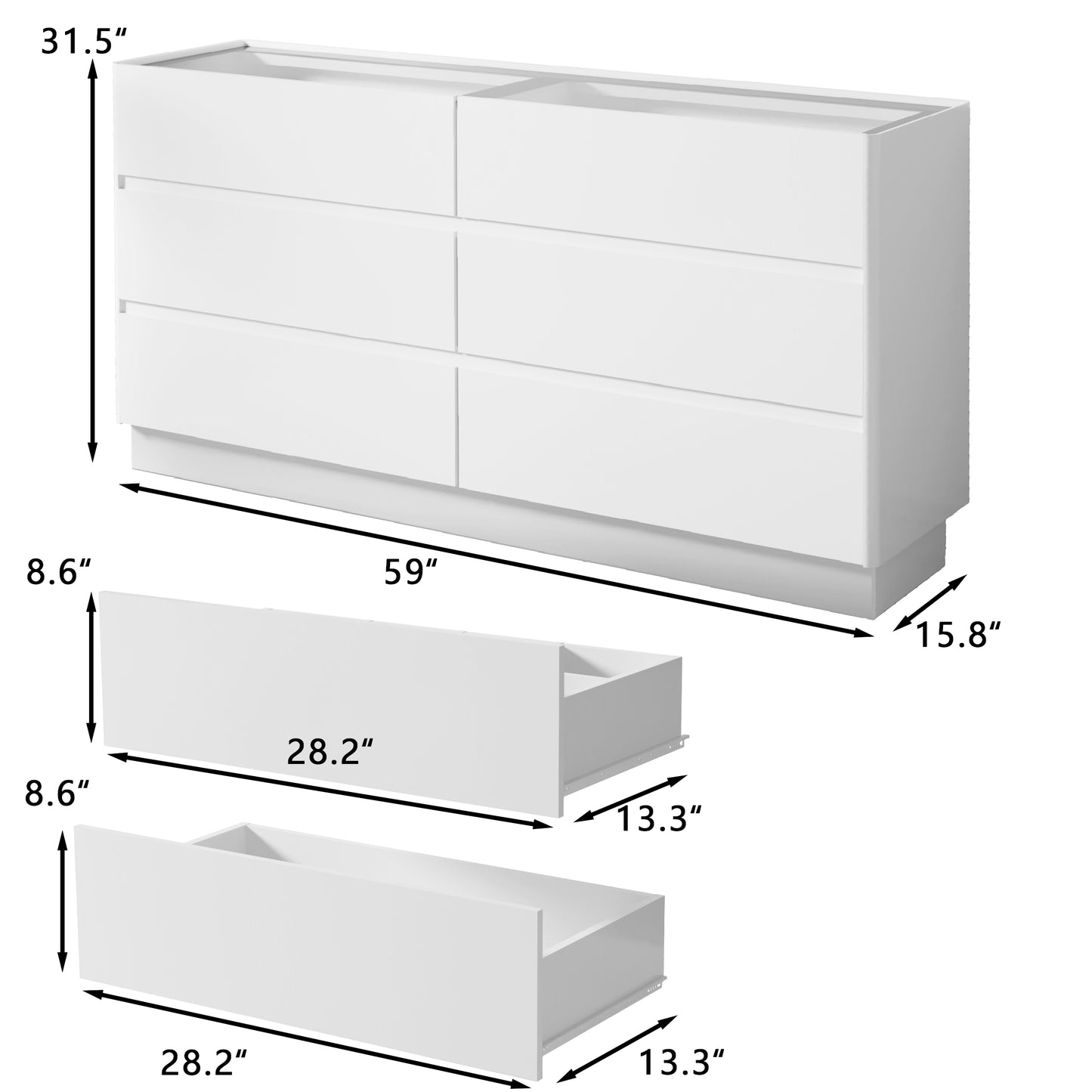 55 Inch 6 Drawers Dresser with Glass Top, Wood Drawer Dressers with LED Lights