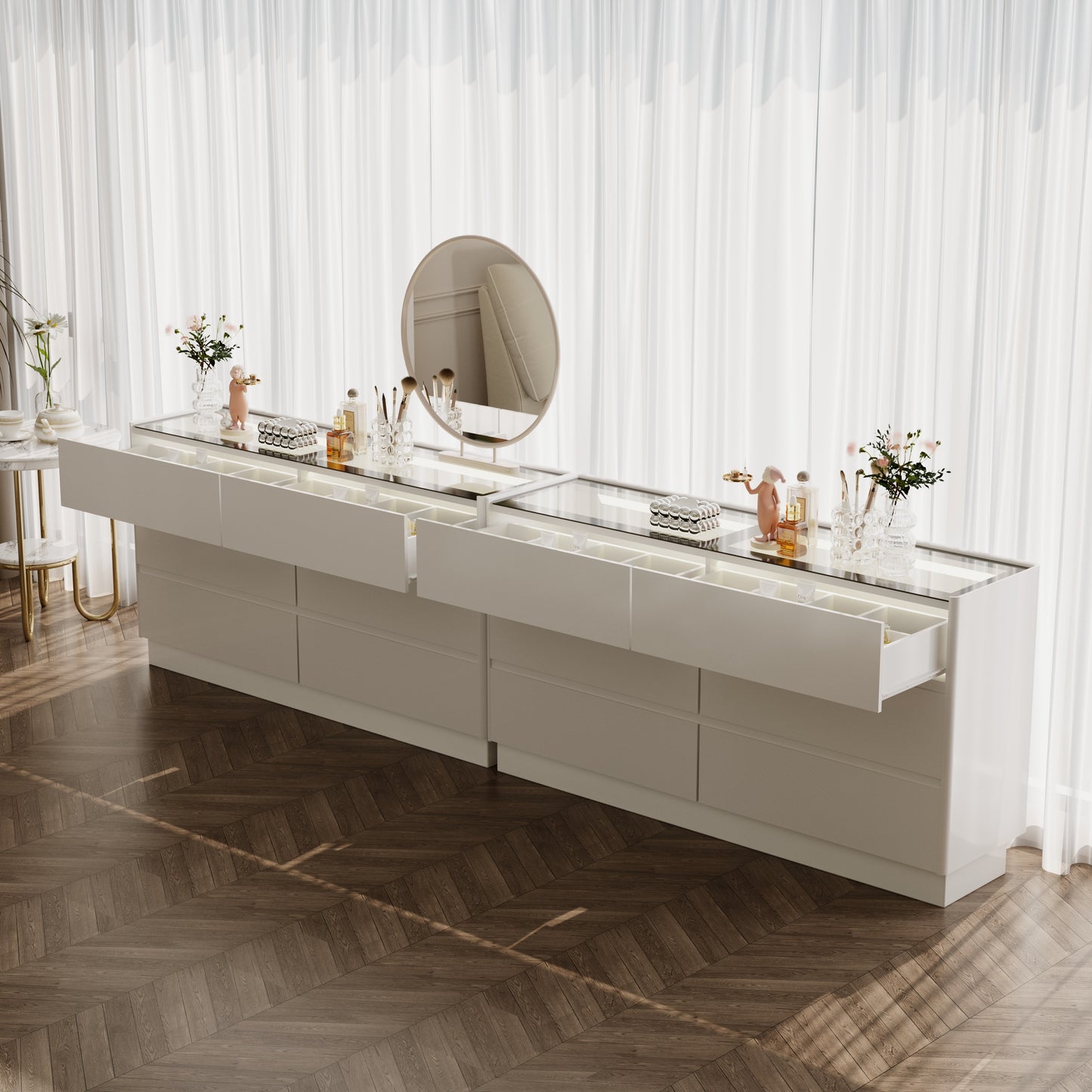 55 Inch 6 Drawers Dresser with Glass Top, Wood Drawer Dressers with LED Lights