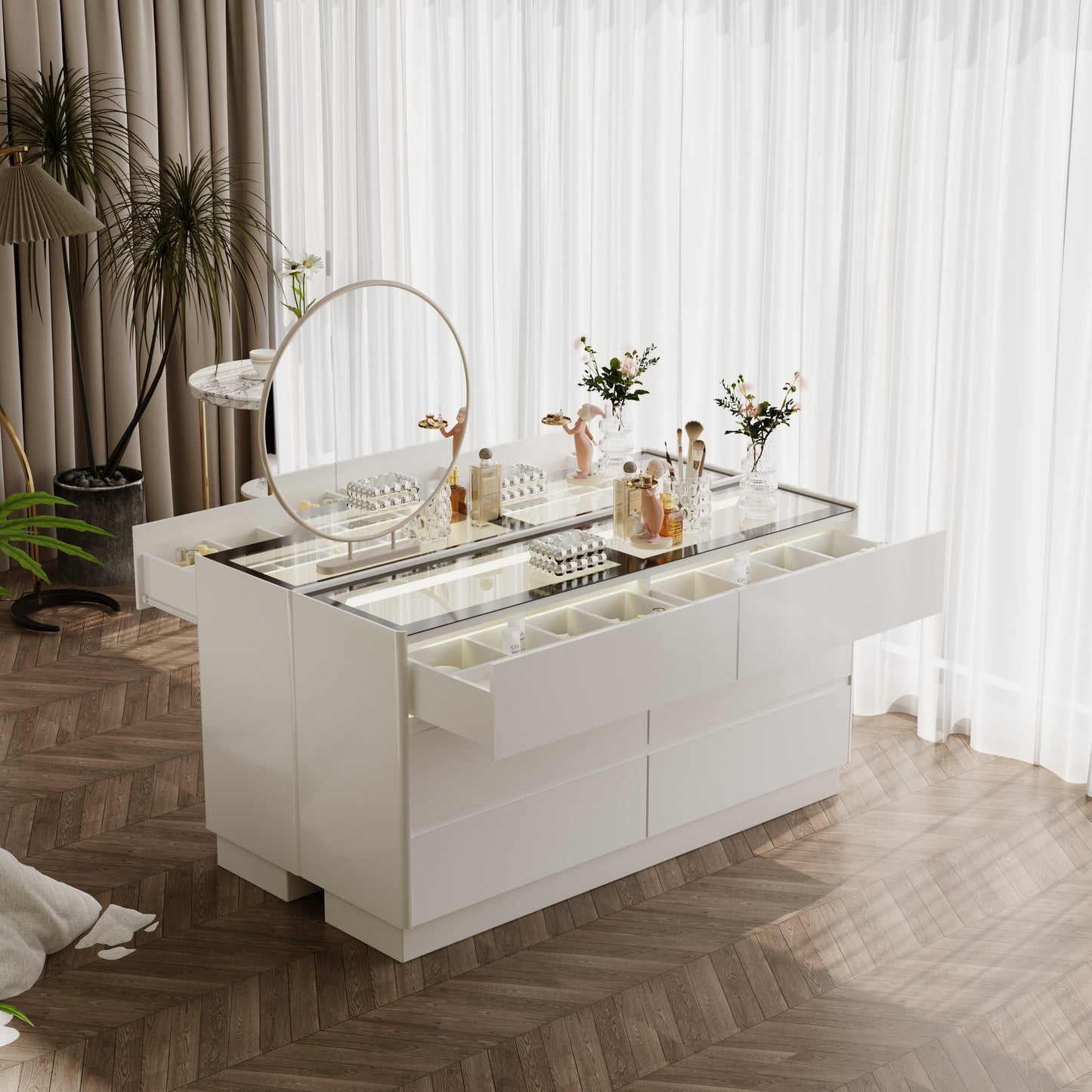 55 Inch 6 Drawers Dresser with Glass Top, Wood Drawer Dressers with LED Lights