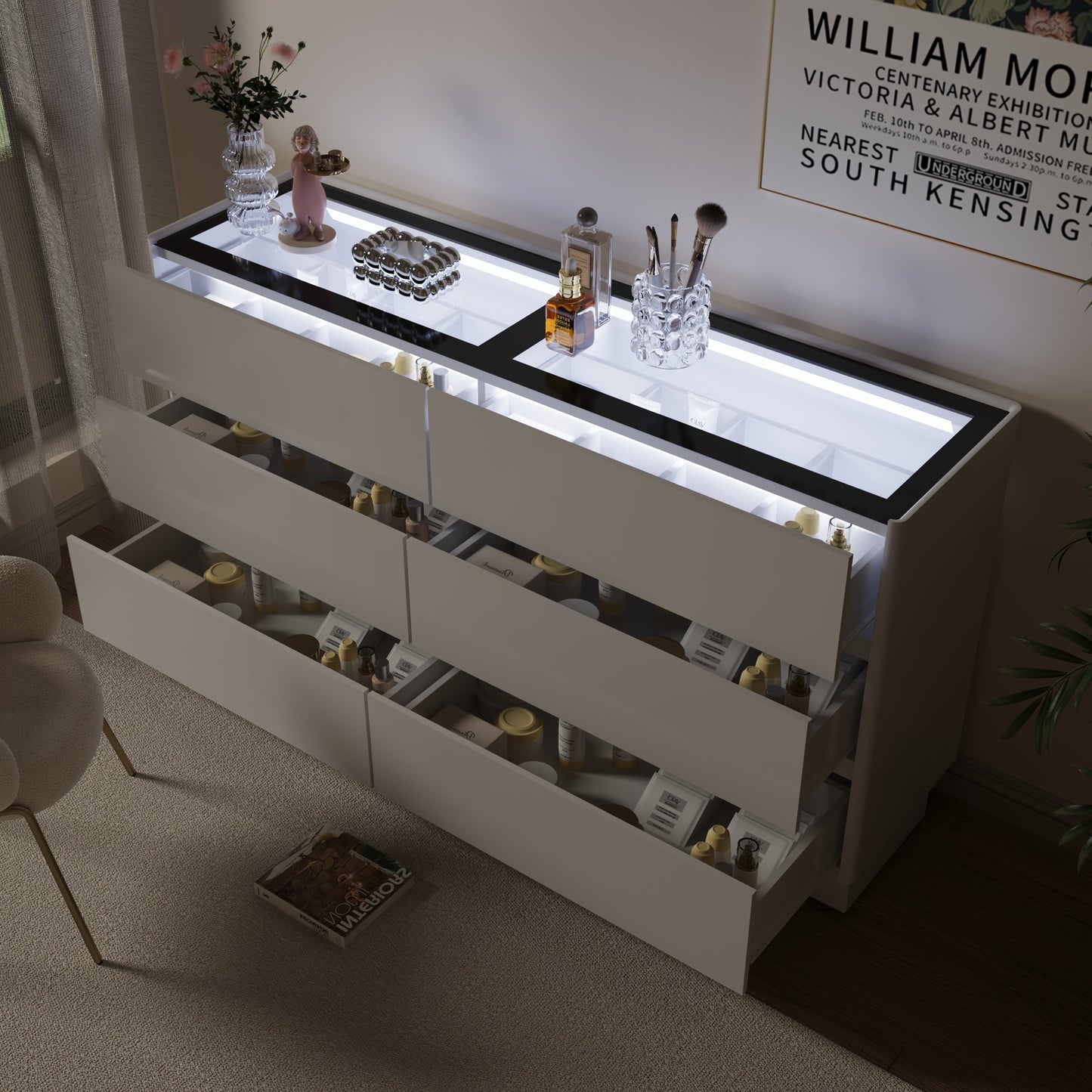 55 Inch 6 Drawers Dresser with Glass Top, Wood Drawer Dressers with LED Lights