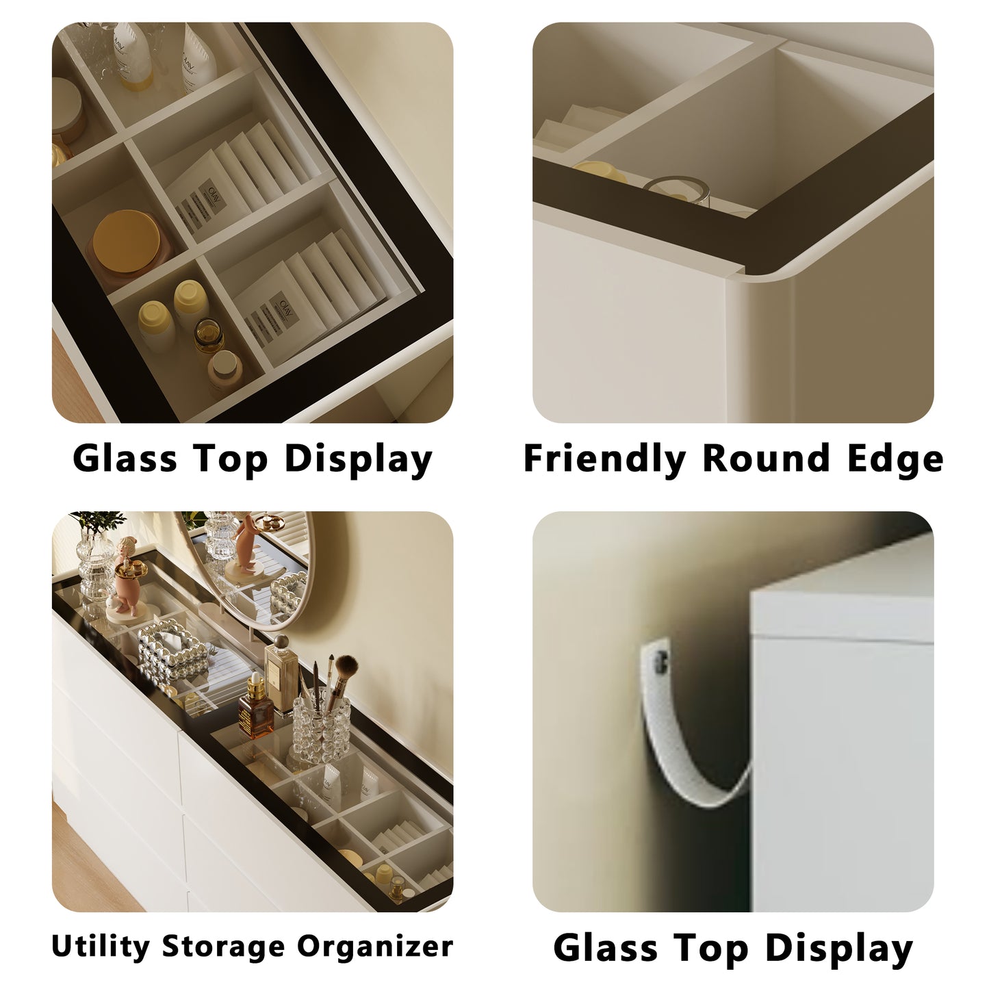 55 Inch 6 Drawers Dresser with Glass Top, Wood Drawer Dressers with LED Lights