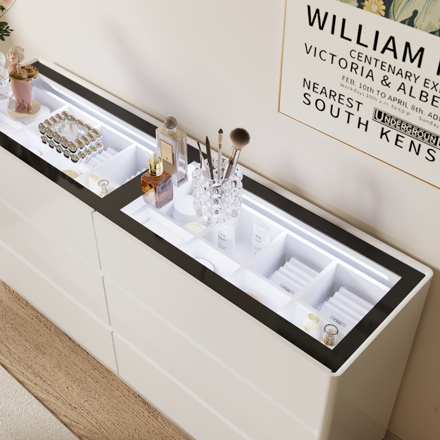 55 Inch 6 Drawers Dresser with Glass Top, Wood Drawer Dressers with LED Lights