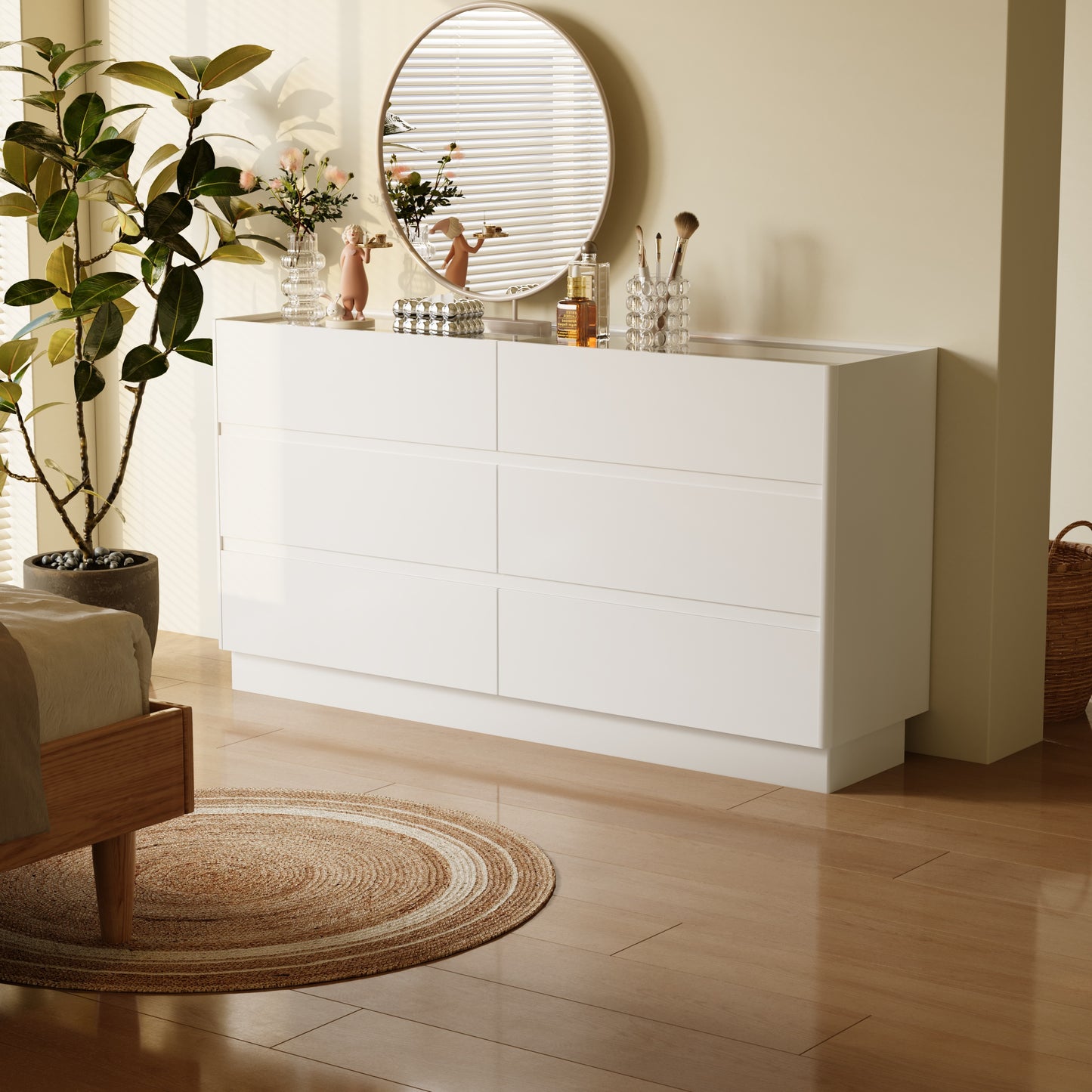 55 Inch 6 Drawers Dresser with Glass Top, Wood Drawer Dressers with LED Lights