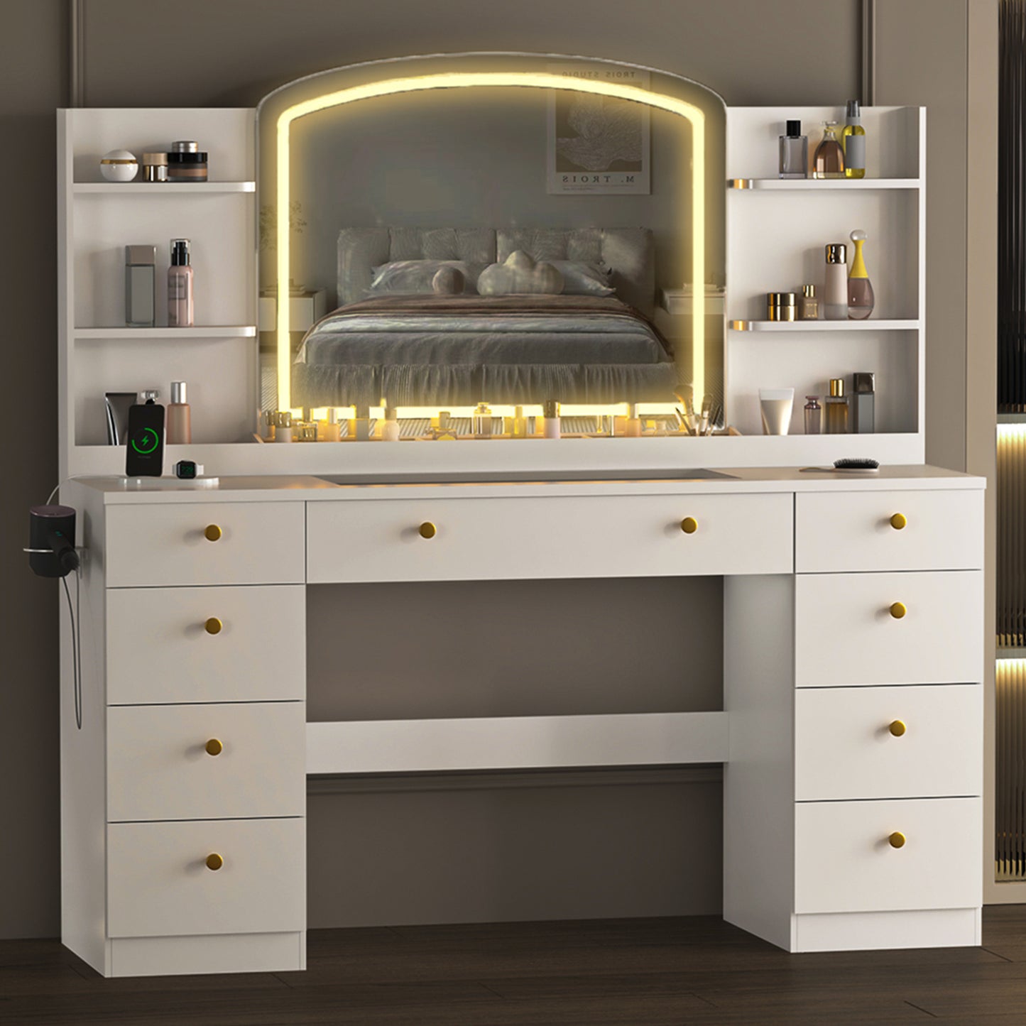 55’’ Glass Top LED Makeup Vanity with Mirror & 9 Drawers