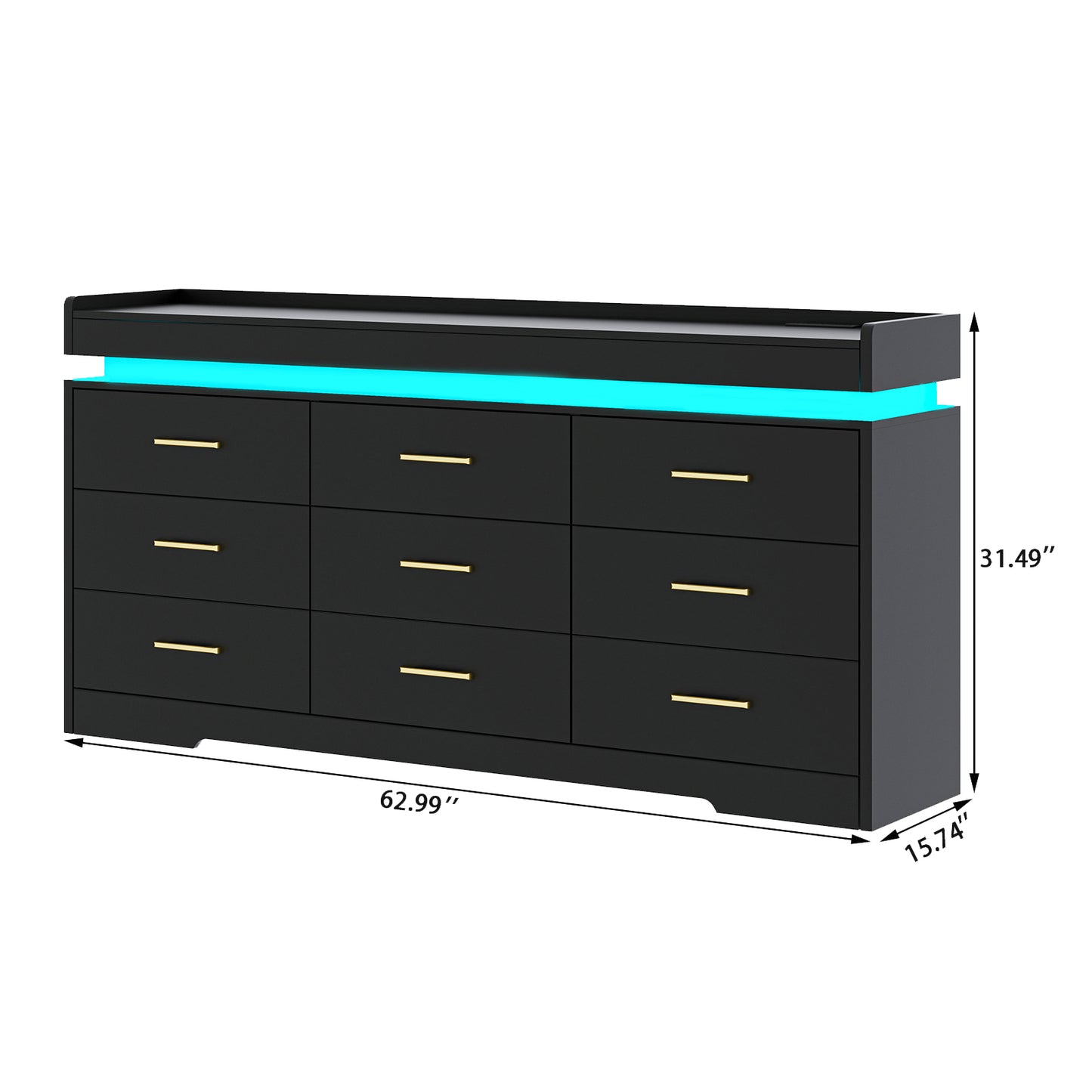 63“ Modern 9 Drawers Dresser with LED and Charging Station