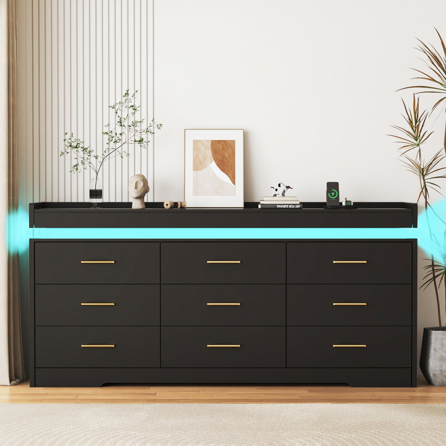 63“ Modern 9 Drawers Dresser with LED and Charging Station
