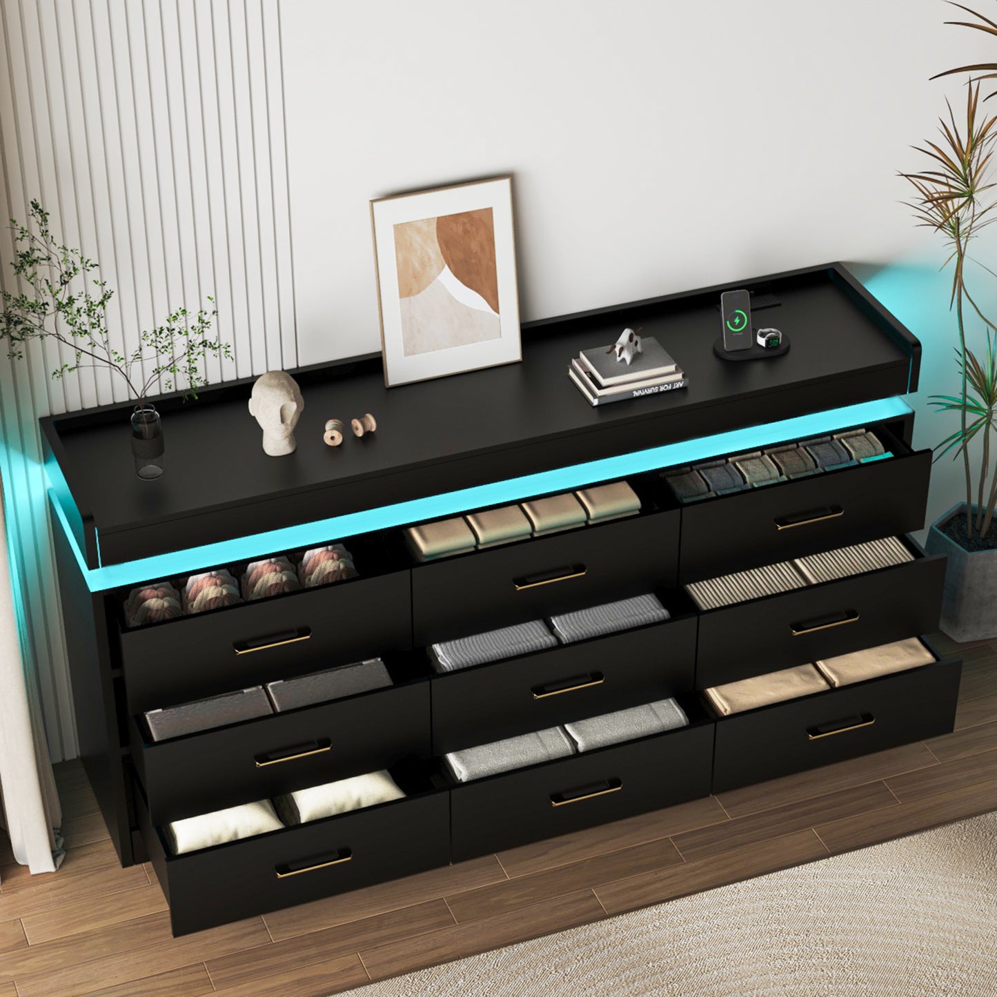 63“ Modern 9 Drawers Dresser with LED and Charging Station