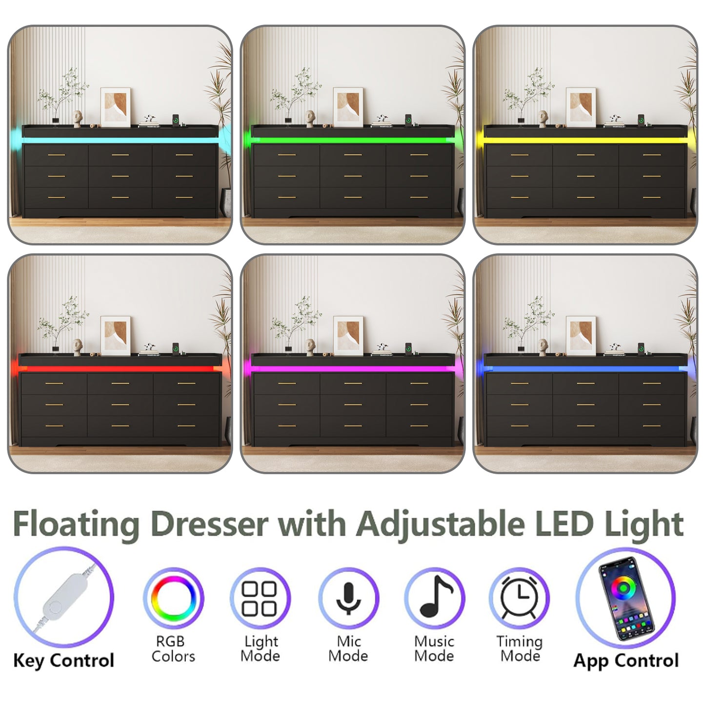 63“ Modern 9 Drawers Dresser with LED and Charging Station