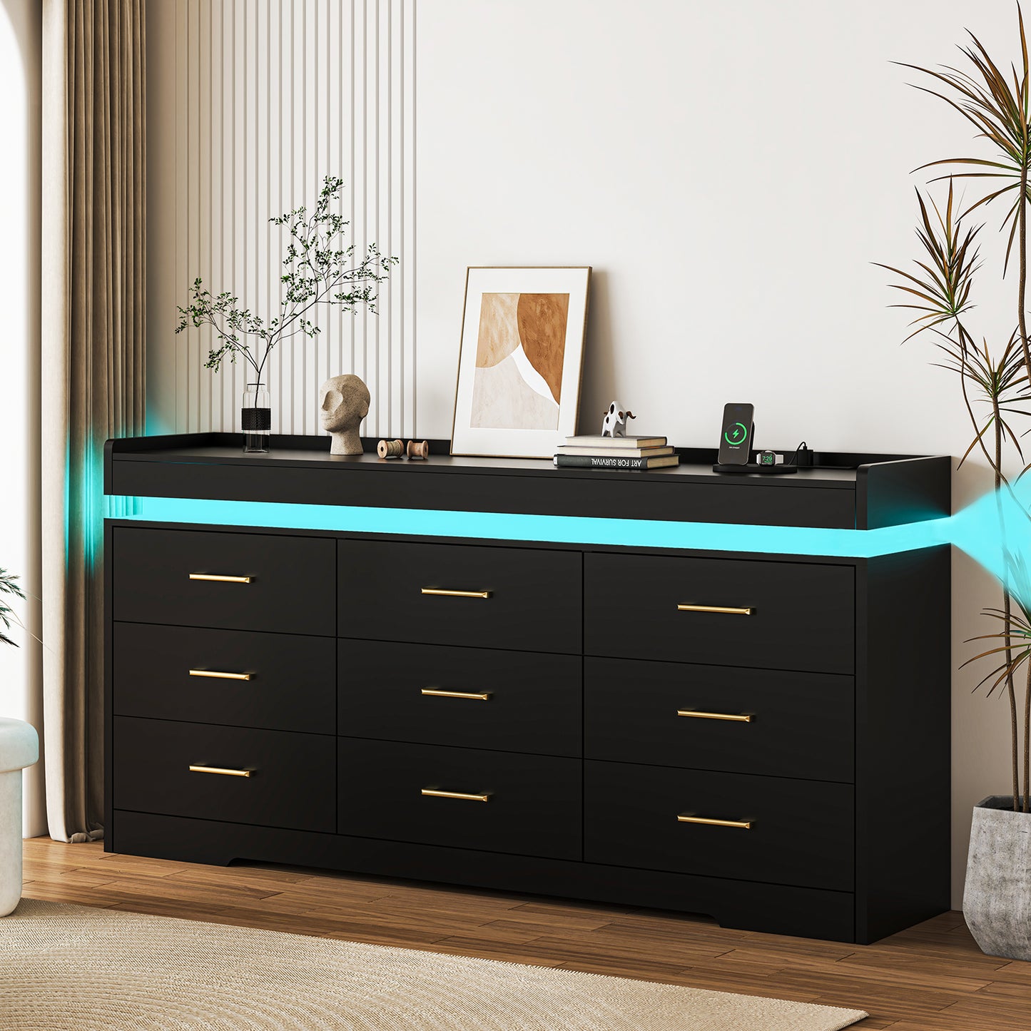 63“ Modern 9 Drawers Dresser with LED and Charging Station